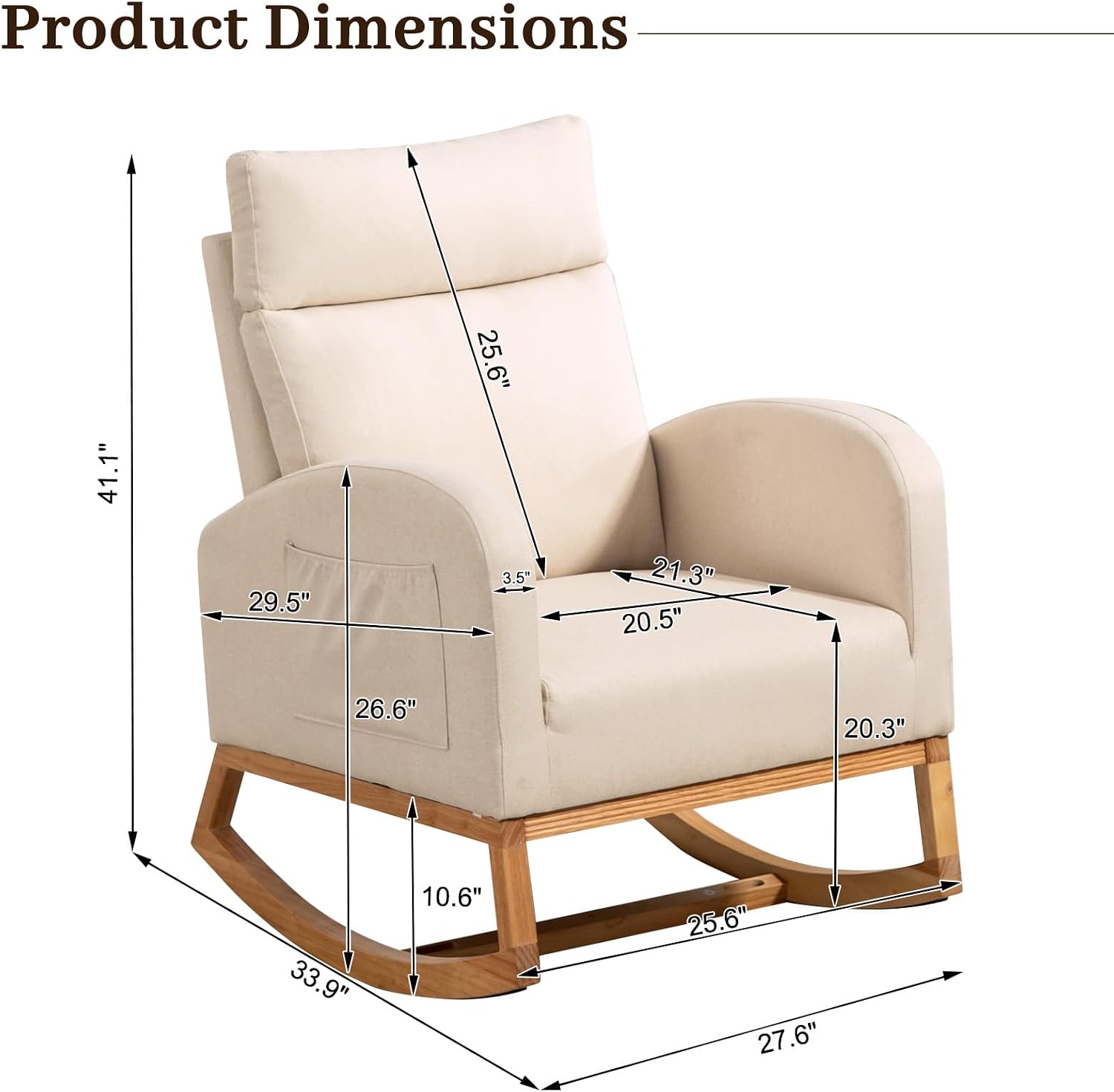 GarveeHome Nursery Glider Chair Rocking Chair, Upholstered Nursery with Rubber Wood Legs, Comfy High Backrest, Side Pockets, Accent Rocker Armchair for Living Room, 27.6' D x 33.9' W x 41.1' H, White