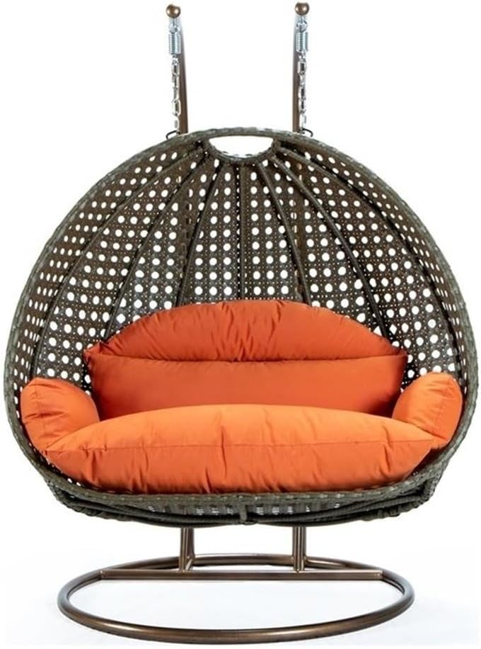 LeisureMod 2 Person Wicker Egg Chair Outdoor Indoor Bedroom Patio Hanging Lounge Swing Hammock Chairs with Beige Stand and UV Resistant Cushions, Orange