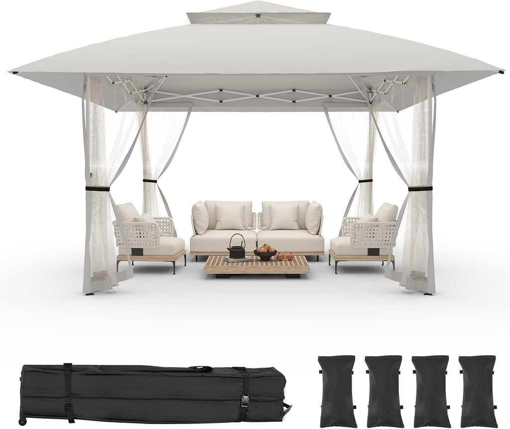 13x13 Pop Up Gazebo Outdoor Canopy Shelter with 4 Sandbags, Instant Patio Gazebo Sun Shade Canopy Tent, Double Tiers & Mesh Netting for Lawn, Garden, Backyard & Deck, Light Grey
