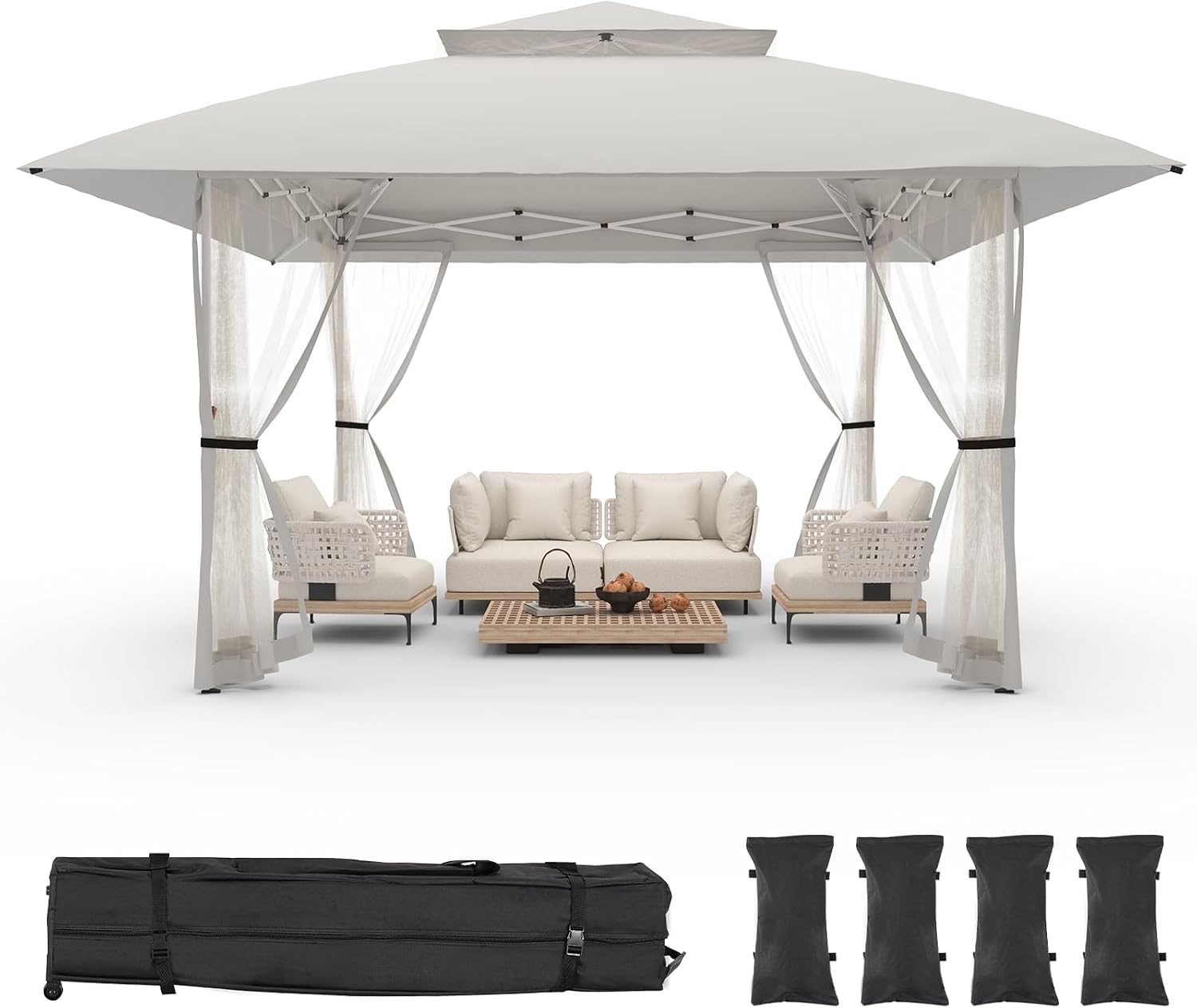 13x13 Pop Up Gazebo Outdoor Canopy Shelter with 4 Sandbags, Instant Patio Gazebo Sun Shade Canopy Tent, Double Tiers & Mesh Netting for Lawn, Garden, Backyard & Deck, Light Grey