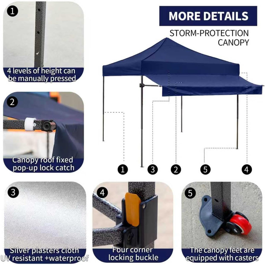 10x10 Pop up Canopy Tent with Awning Easy up Canopy with Wheel Bag Heavy Duty Waterproof Canopy Commercial Gazebo Tent for Outdoors Parties Vendors(Navy Blue)