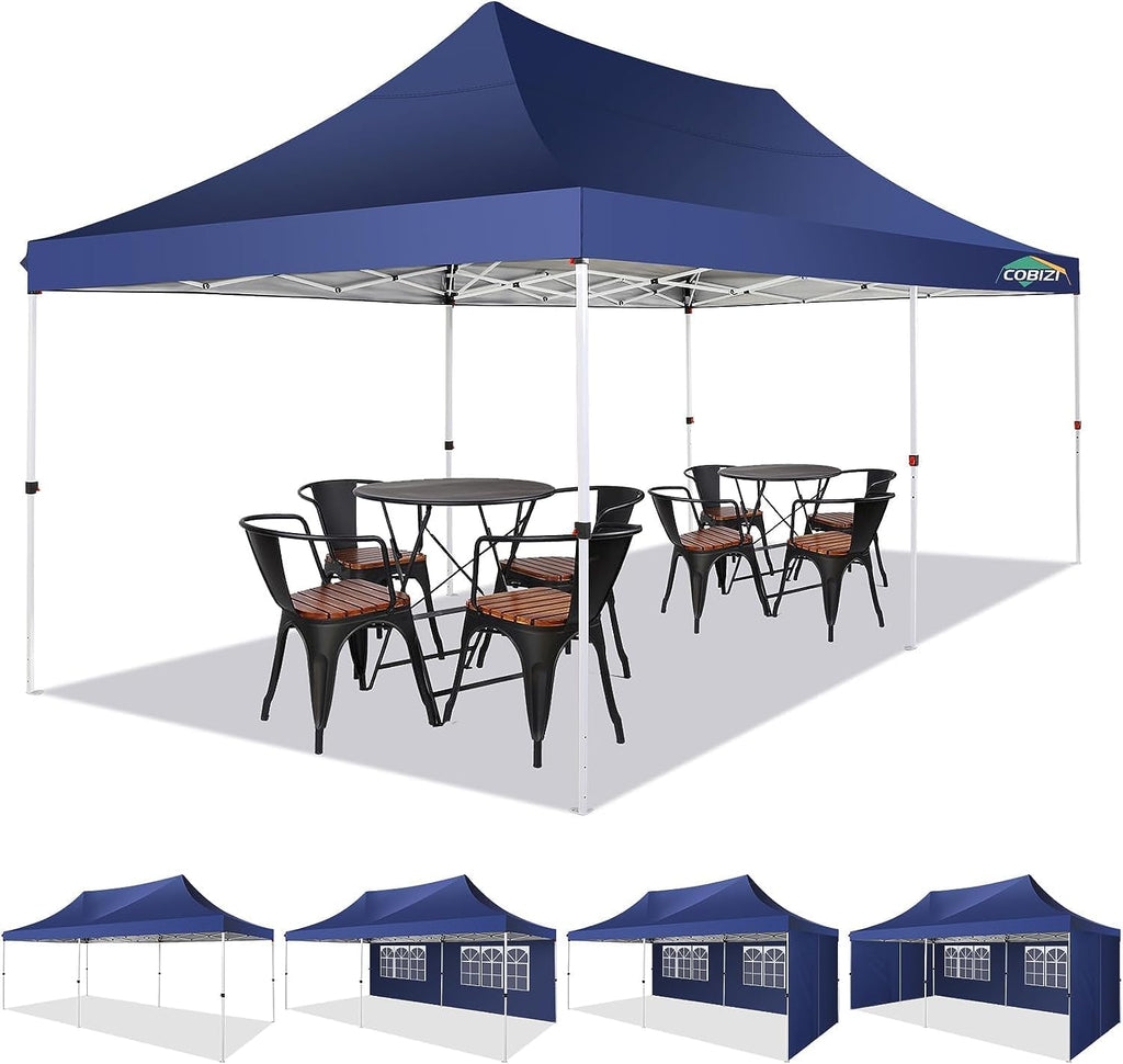 COBIZI 10x20 Pop up Canopy Tent with 6 Sidewalls, Easy Set up Canopy Tents Gazebos for Parties with Metal Frame, Waterproof & UV50+, Height Adjustable, Potable Carry Bag Included (Dark Blue)
