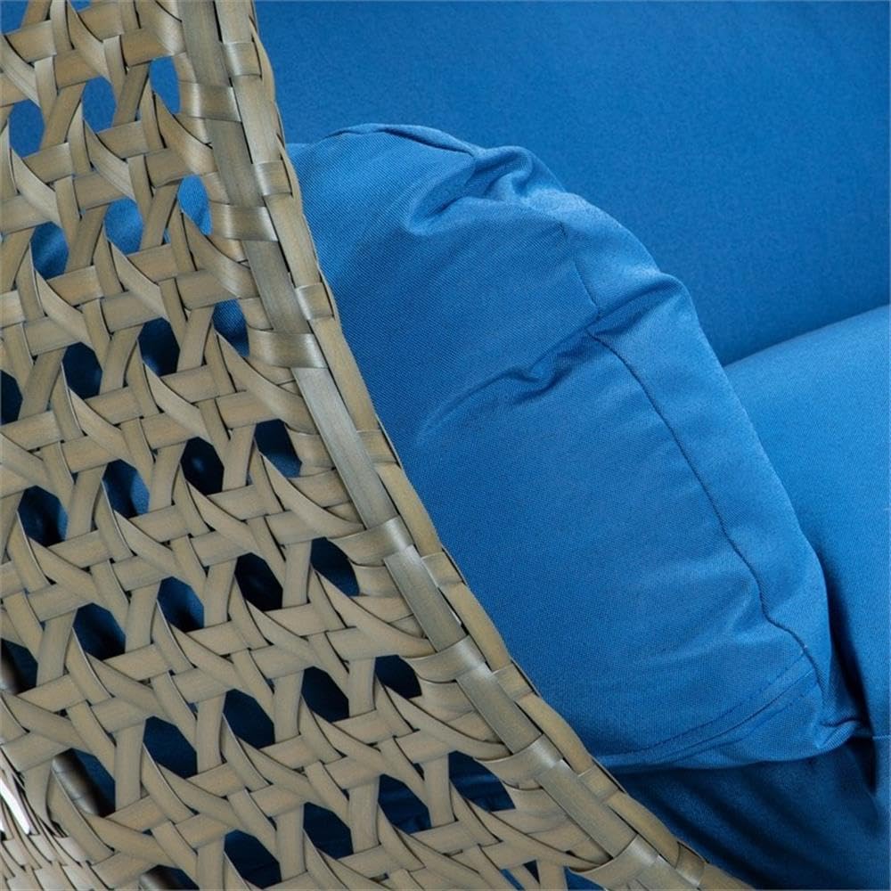 LeisureMod Blue Wicker 2 Person Egg Swing Chair with Beige Stand and Cushions - Double Hanging Hammock Lounge for Patio, Indoor & Outdoor Use