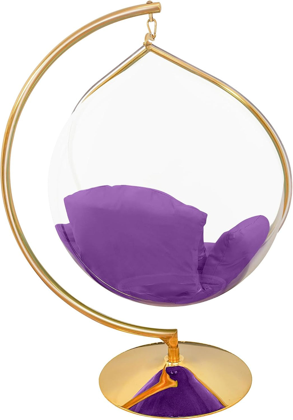 Hanging Chair - Transparent Acrylic Bubble, Waterdrop Shape, Indoor Swing Chair with Gold/Chrome Stand, Durable Fabric Cushion - Luxury Accent for Living Room, Bedroom (Gold/Purple)