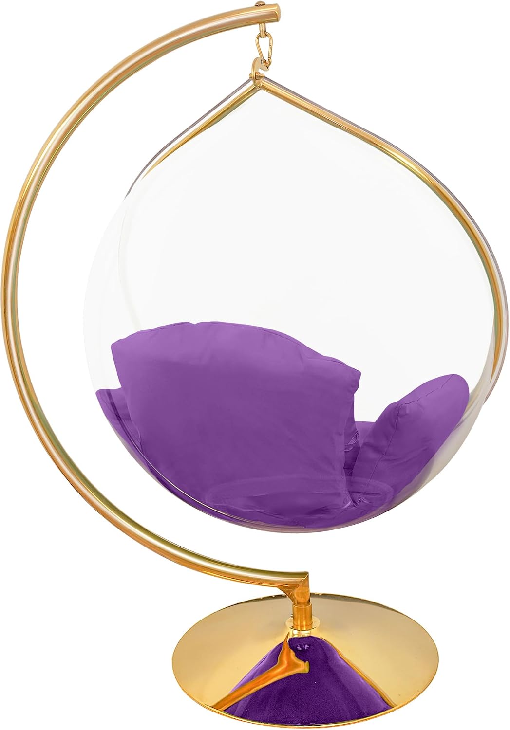Hanging Chair - Transparent Acrylic Bubble, Waterdrop Shape, Indoor Swing Chair with Gold/Chrome Stand, Durable Fabric Cushion - Luxury Accent for Living Room, Bedroom (Gold/Purple)