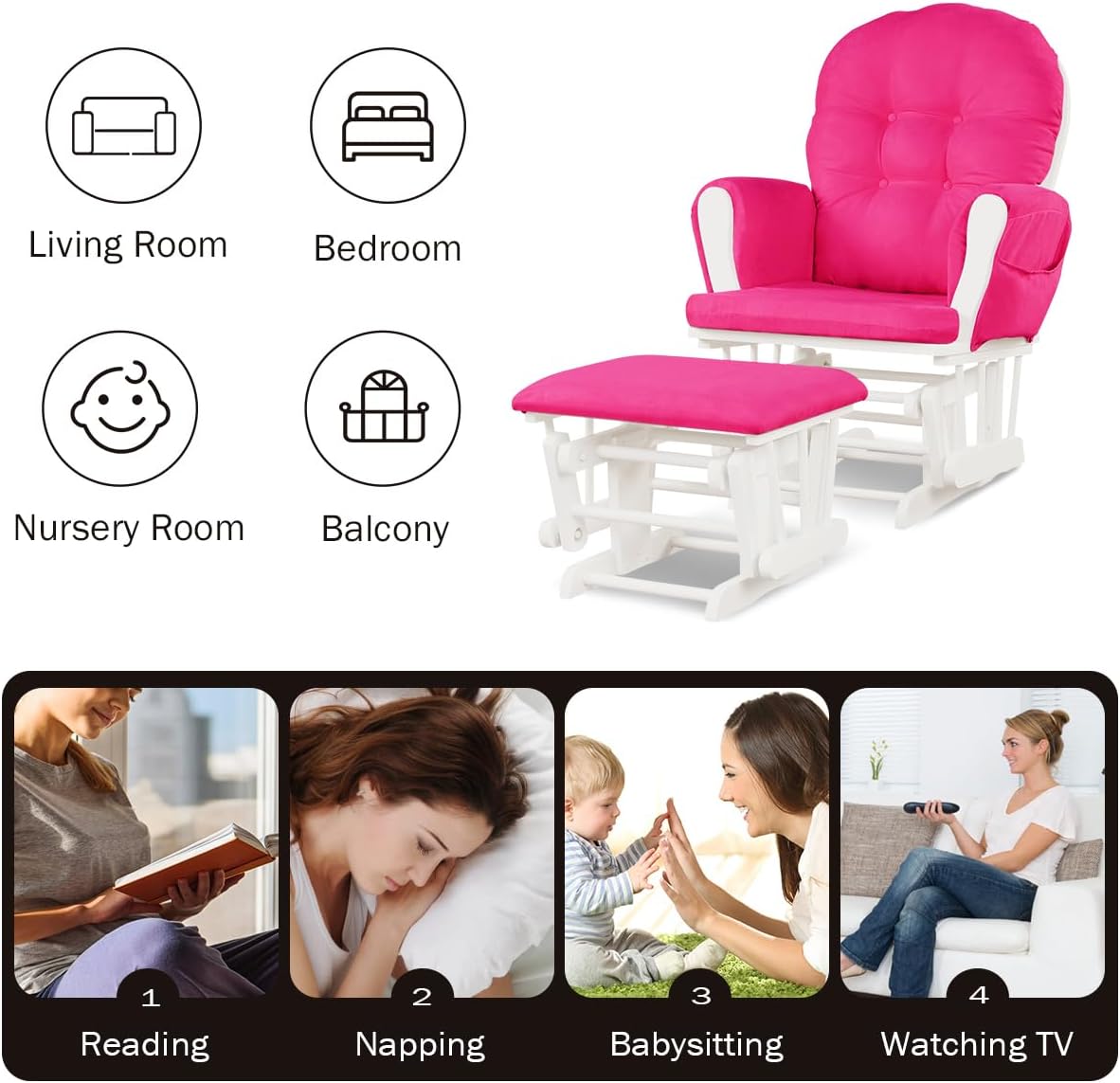 Costzon Nursery Glider with Ottoman, Upholstered Comfort Glider Rocker with Padded Cushion, Storage Pocket, Solid Wood Base, Rocking Chair Nursery for Breastfeeding, Napping (Deep Pink)
