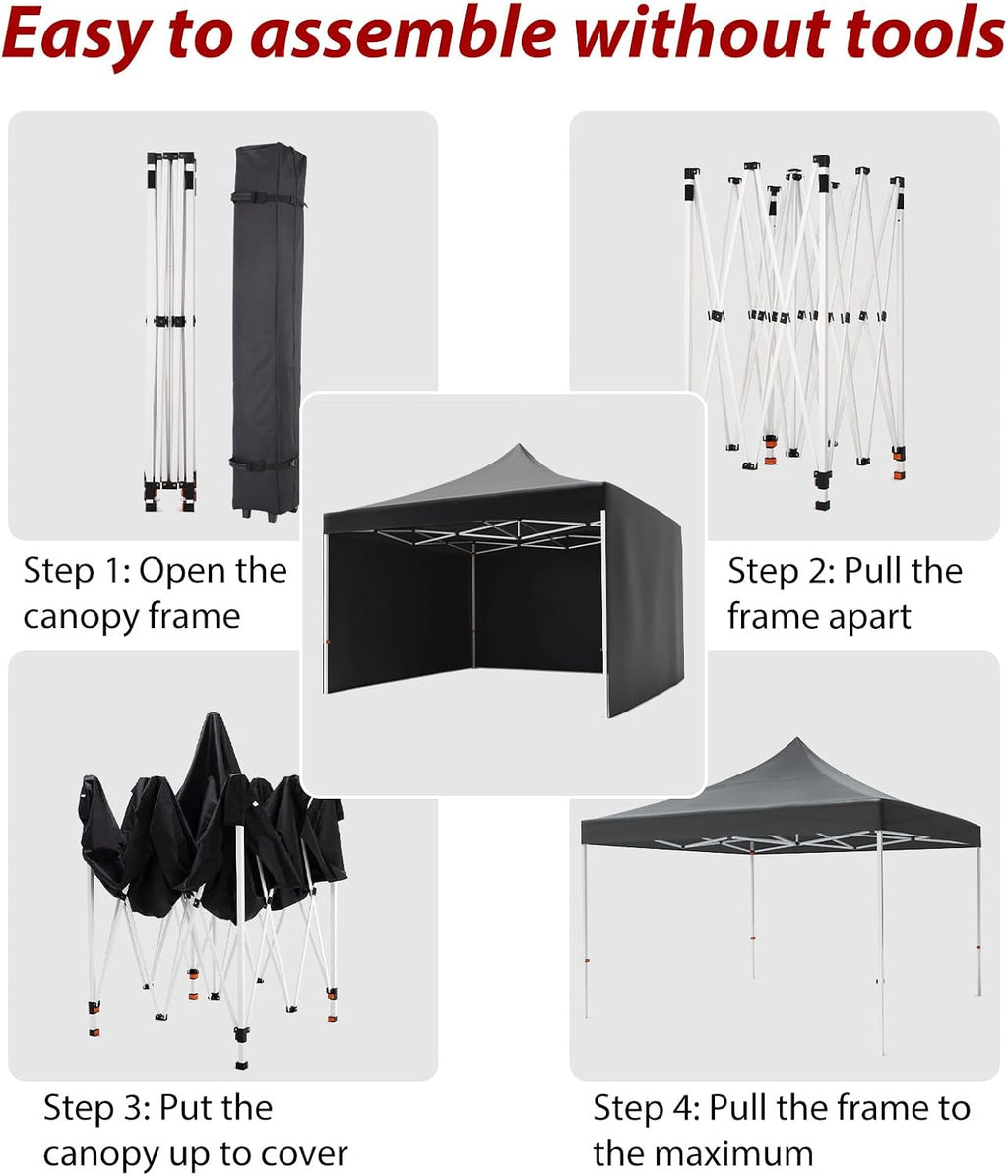 Pop-up Waterproof Windproof and UV-Proof Gazebo Instant Portable Canopy Tent 10'x10' with 3 Side Walls, 1 Wheeled Bag, 8 Ground pegs for stall/Outdoor/Party Events (10FTx10FT, Black)