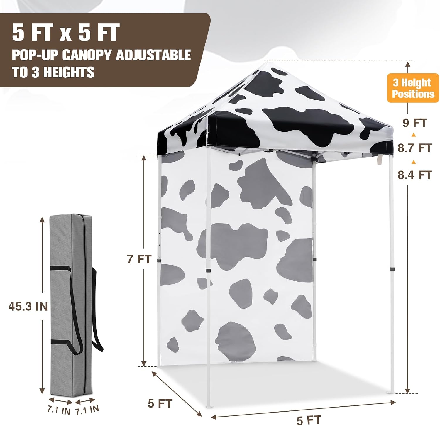 EAGLE PEAK Pop up Canopy 5x5, Outdoor Portable Canopy Tent with One Removable Sunwall, Carry Bag Included, Cow Print