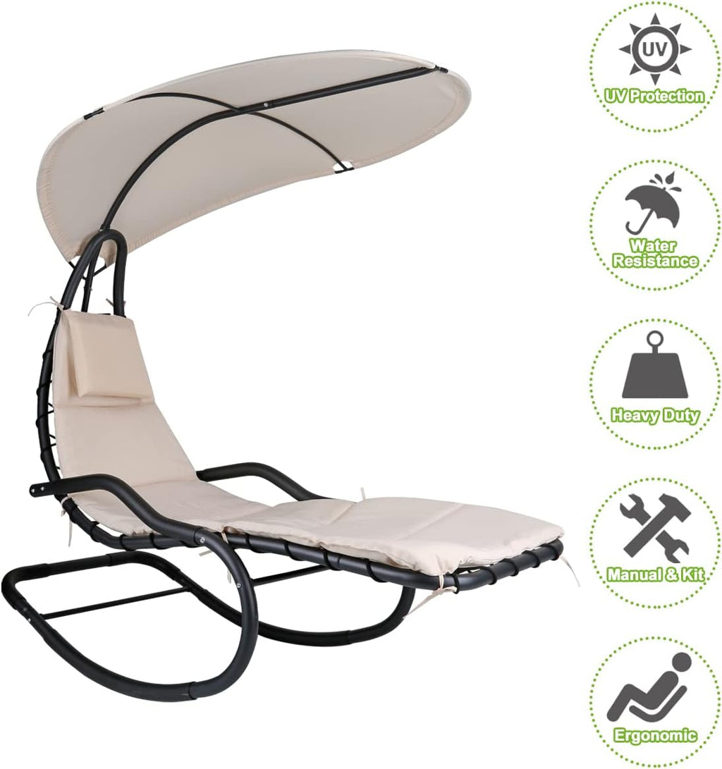 Outdoor Hammock Rocking Chaise Lounge Swing Chair, with Stand and Canopy, Porch Swing w/Soft Cushion Removable Headrest, Outdoor Recliner Rocking Chair for Garden Backyard Poolside (Beige)