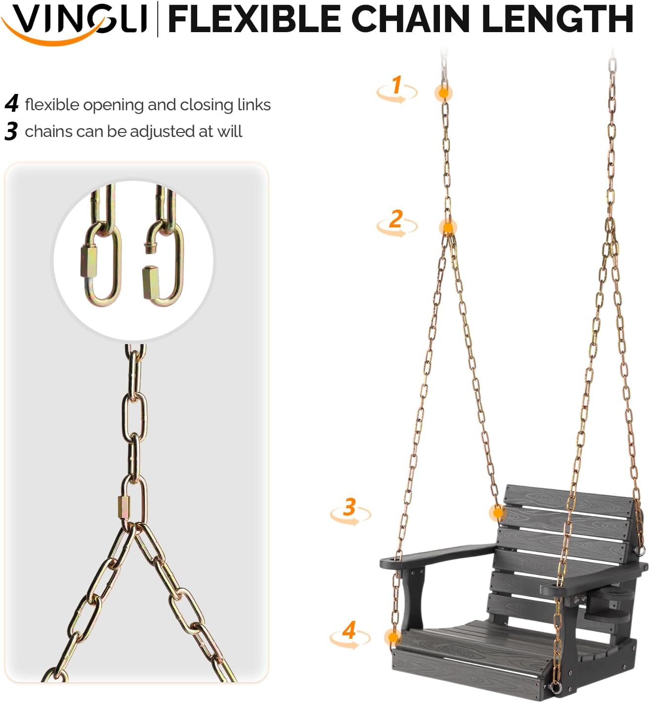 VINGLI Heavy Duty 880 LBS HDPE Porch Swing Outdoor with Rotatable Cup Holder, with Adjustable Chains, 1 Person Hanging Porch Swing Chair for Porch, Yard, Tree, Garden - Grey
