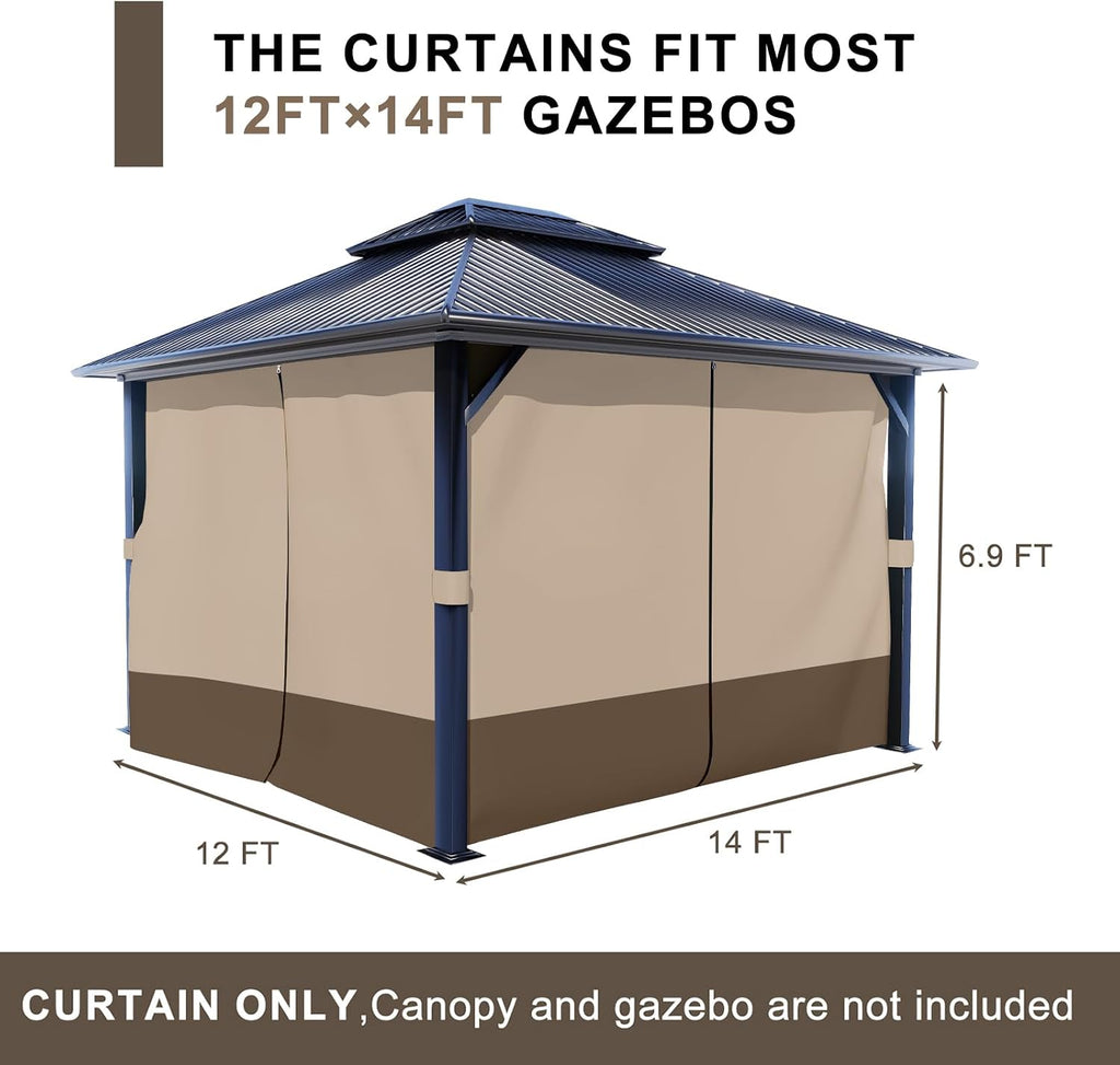 BPS 12' x 14' Gazebo Privacy Curtains with Double Zipper, 4-Panels Side Wall Universal Gazebo Side Panels Replacement for Patio, Outdoor Canopy, Garden and Backyard (Curtain Only)