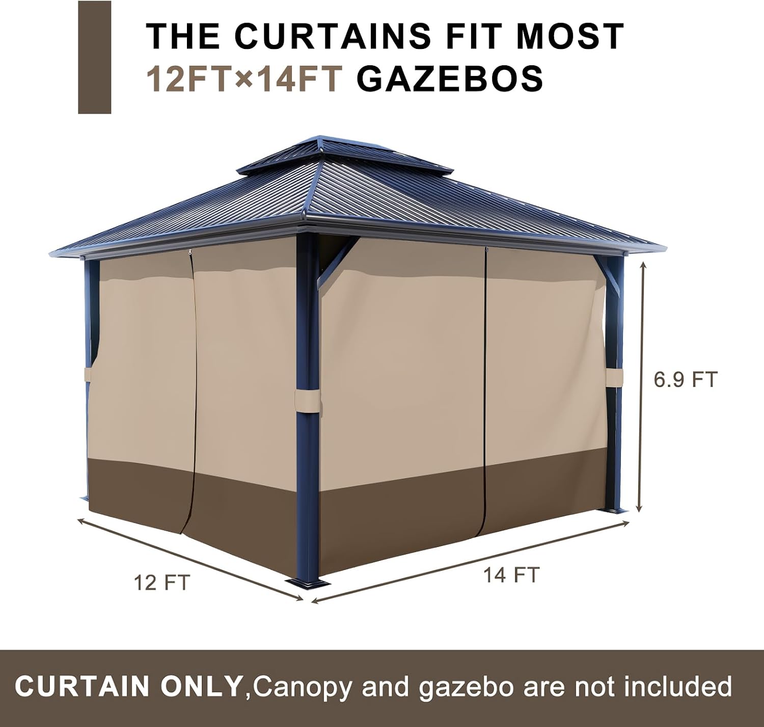 BPS 12' x 14' Gazebo Privacy Curtains with Double Zipper, 4-Panels Side Wall Universal Gazebo Side Panels Replacement for Patio, Outdoor Canopy, Garden and Backyard (Curtain Only)