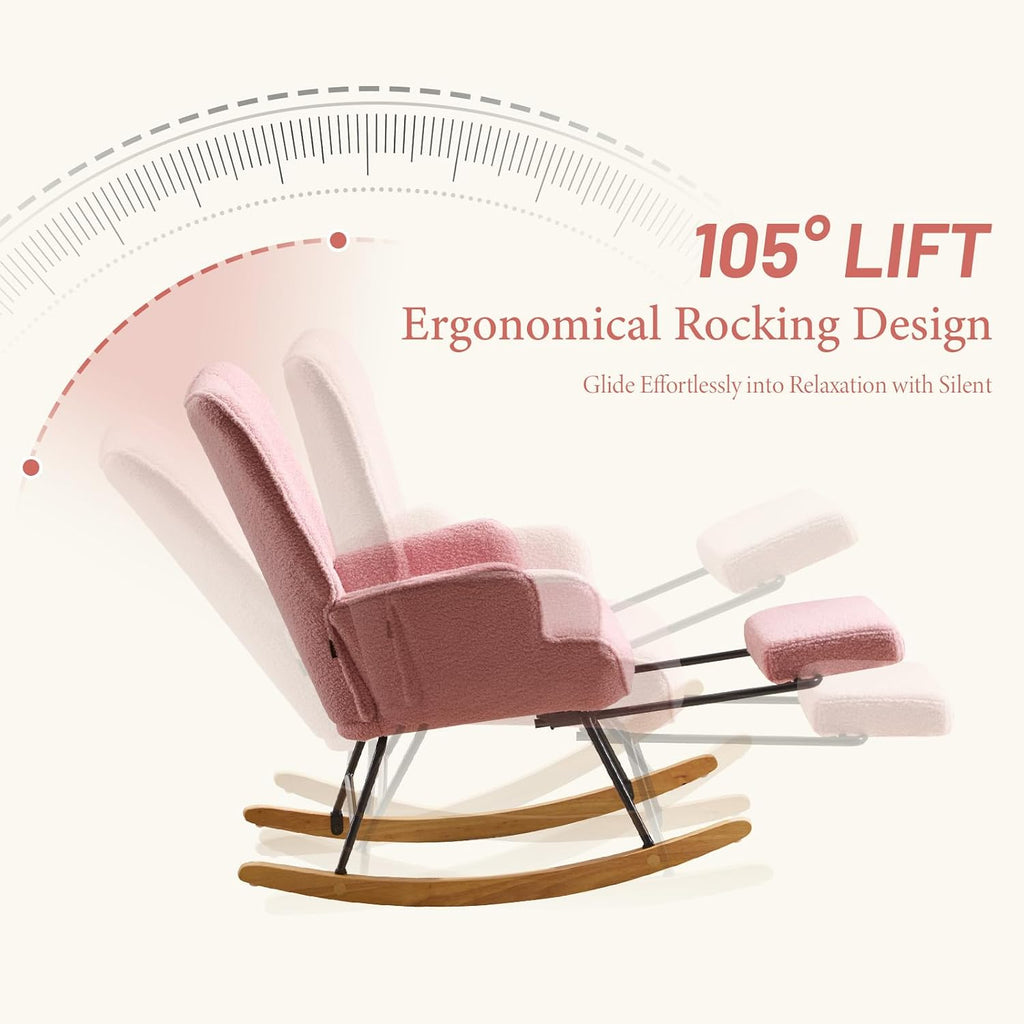 Furniliving Nursery Rocking Chair Modern Armchair Upholstered Glider Rocking Chair Accent Chair with Retractable Footrest Reading Chair with High Backrest Solid Wood Base for Bedroom, Pink, Teddy