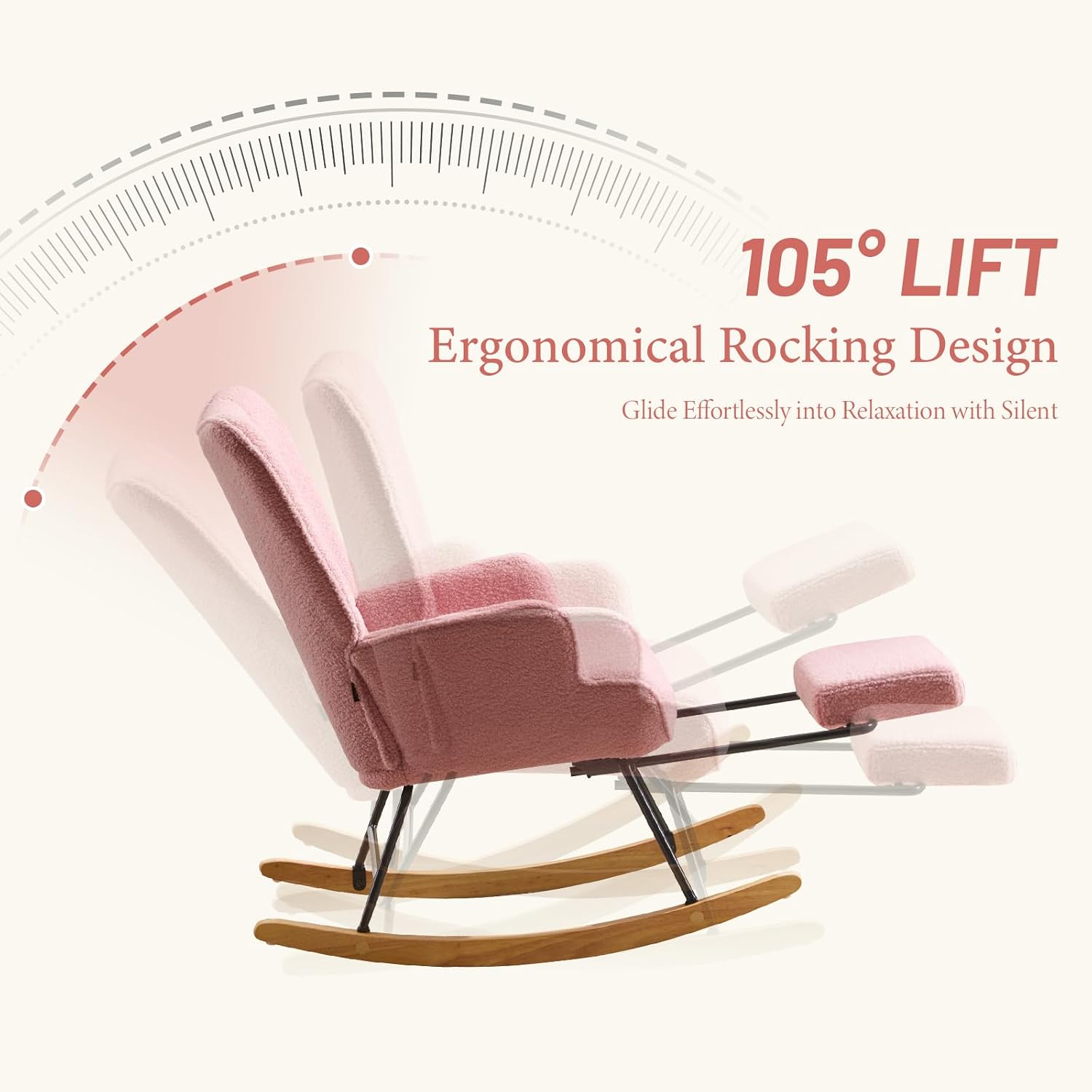 Furniliving Nursery Rocking Chair Modern Armchair Upholstered Glider Rocking Chair Accent Chair with Retractable Footrest Reading Chair with High Backrest Solid Wood Base for Bedroom, Pink, Teddy