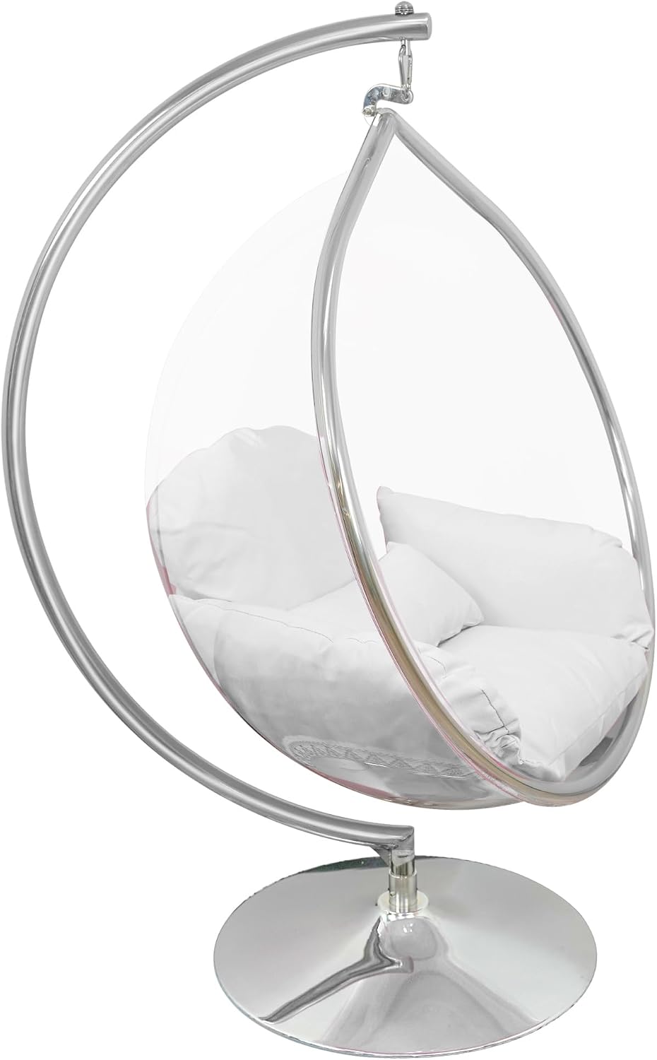 Hanging Chair - Transparent Acrylic Bubble, Waterdrop Shape, Indoor Swing Chair with Gold/Chrome Stand, Durable Fabric Cushion - Luxury Accent for Living Room, Bedroom (Chrome/White)