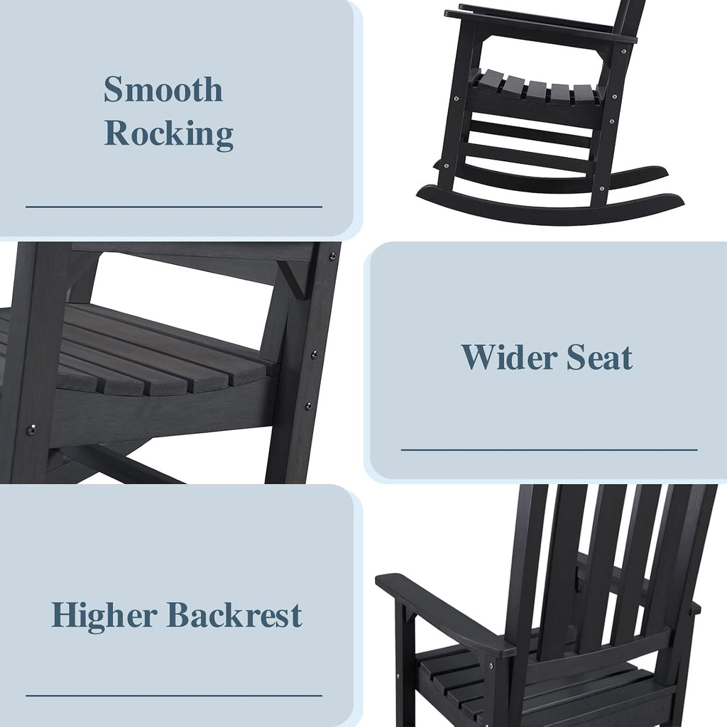 Psilvam Oversized Outdoor Rocking Chair Set of 2, HDPE Porch Rocker Chairs for Adults, All Weather Resistant Rocking Chairs for Patio Lawn Garden, 350lbs Weight Capacity (Black)