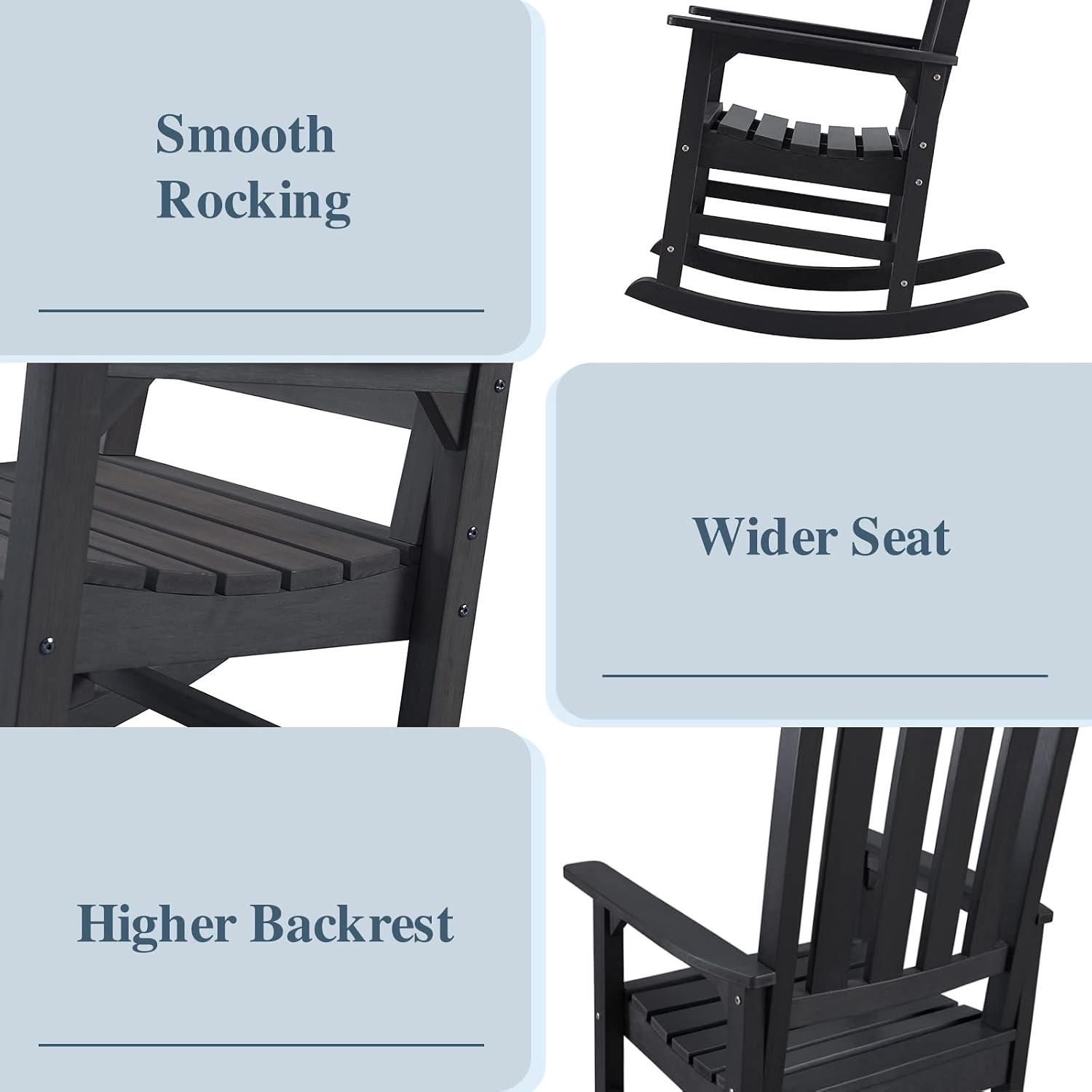 Psilvam Oversized Outdoor Rocking Chair Set of 2, HDPE Porch Rocker Chairs for Adults, All Weather Resistant Rocking Chairs for Patio Lawn Garden, 350lbs Weight Capacity (Black)