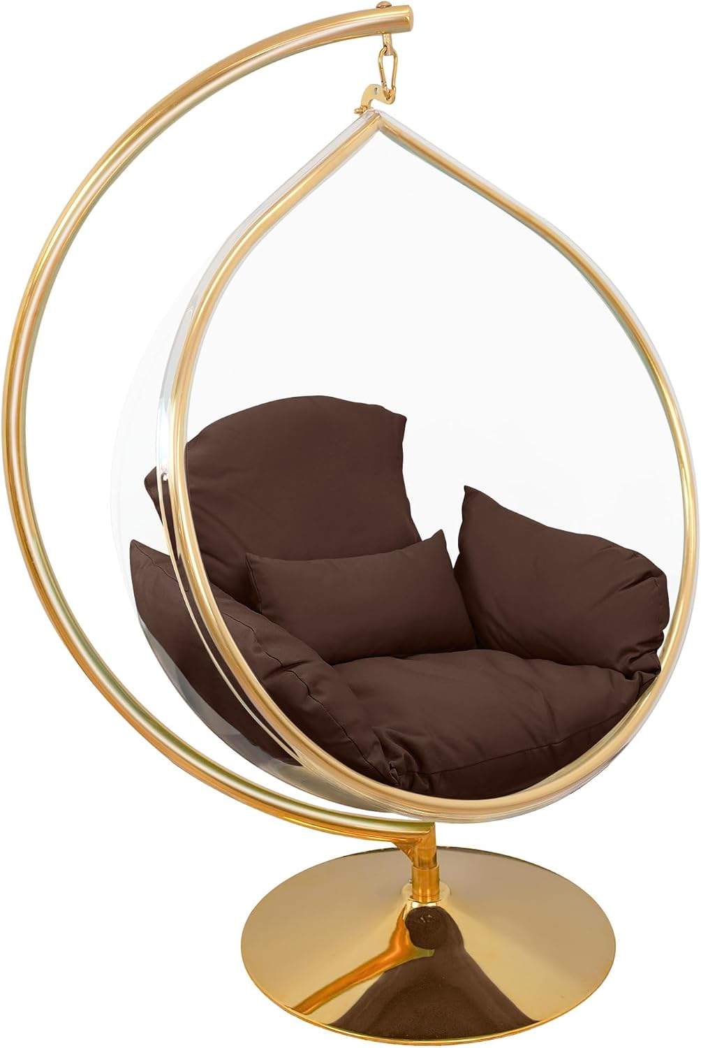 Hanging Chair - Transparent Acrylic Bubble, Waterdrop Shape, Indoor Swing Chair with Gold/Chrome Stand, Durable Fabric Cushion - Luxury Accent for Living Room, Bedroom (Gold/DarkCoffee)