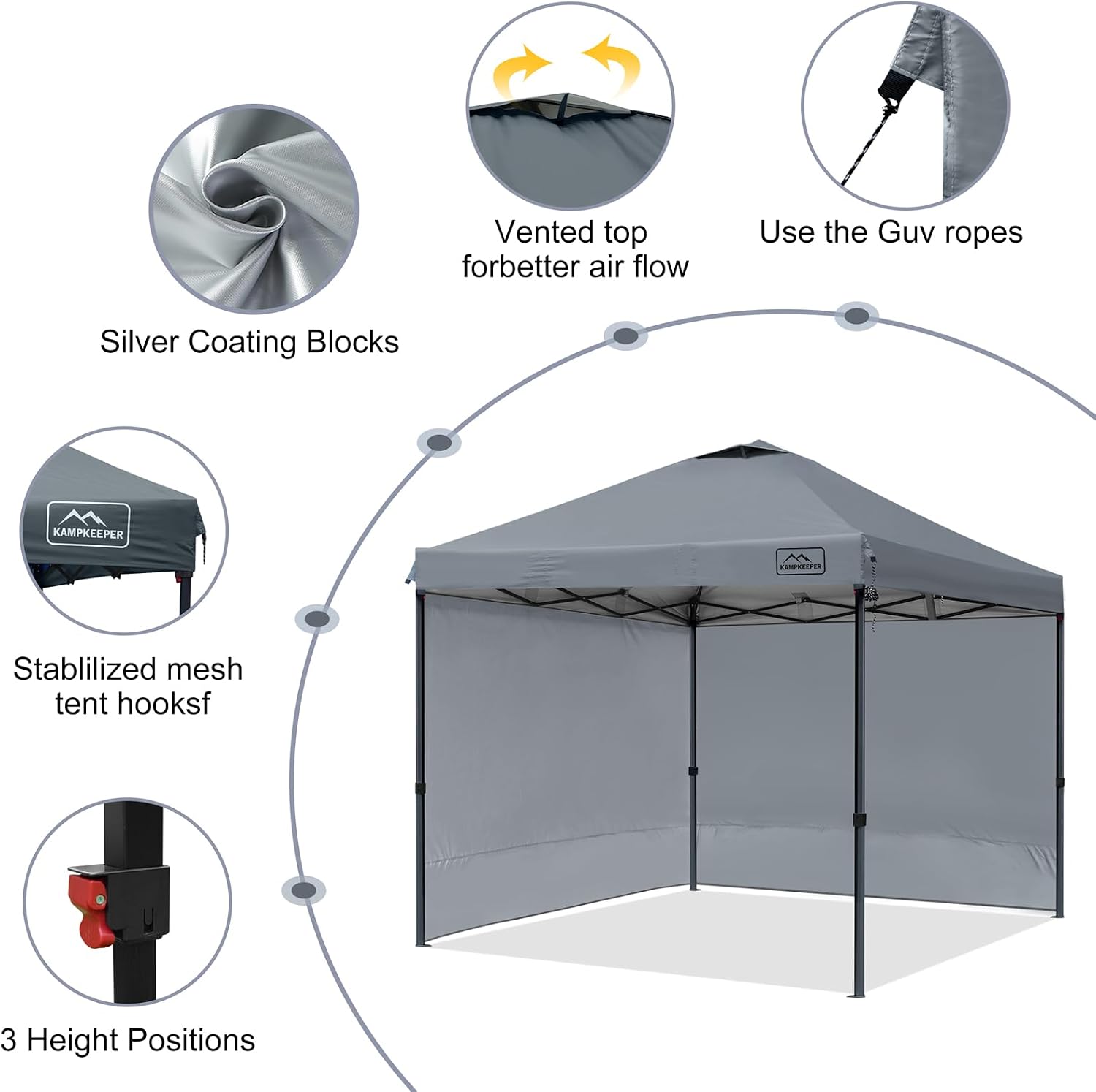 KAMPKEEPER 10x10 Pop-Up Canopy Tent, Waterproof, Portable Shade with Side Walls, Adjustable Instant Outdoor Shelter for Camping, Backyard, and Events, Grey