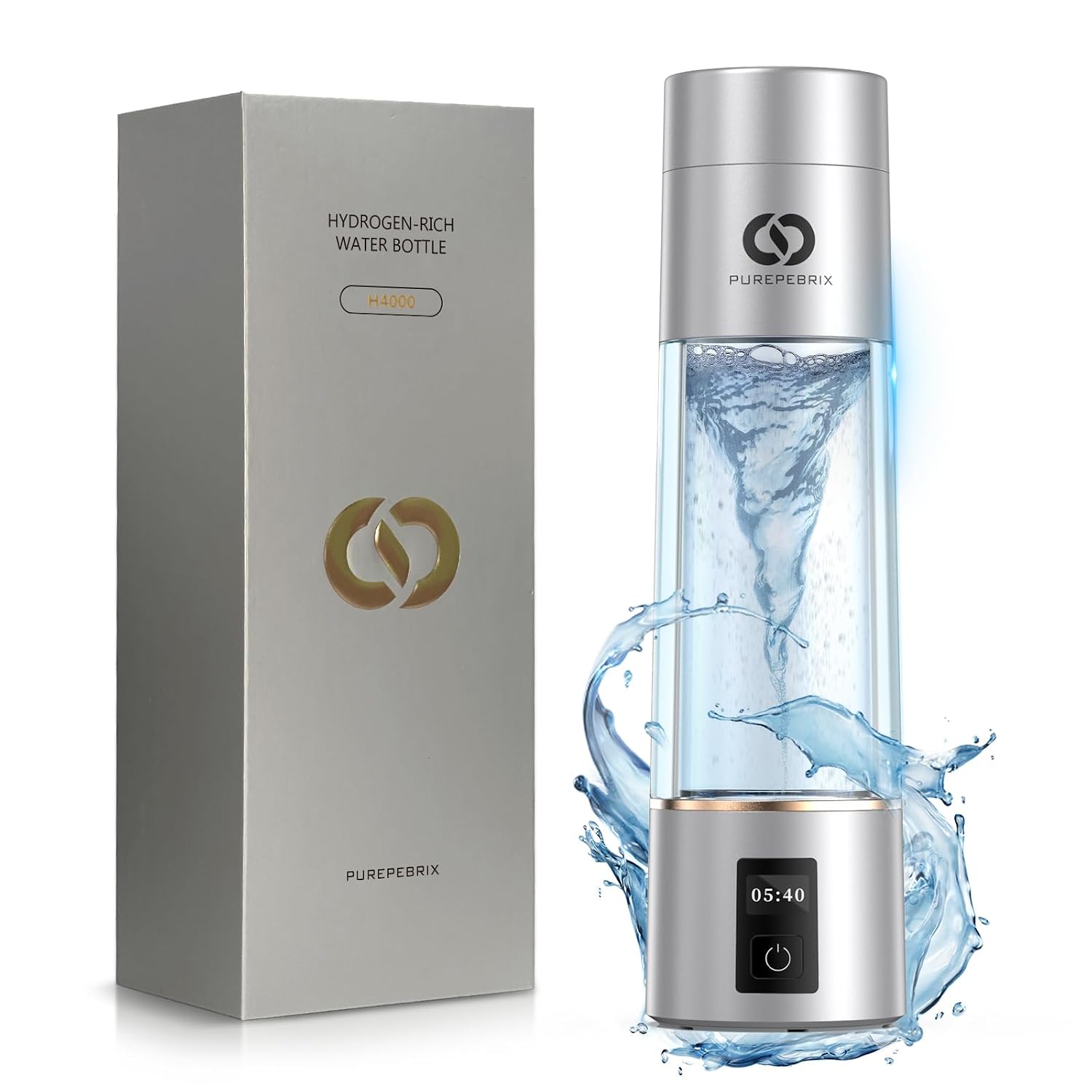 PUREPEBRIX Hydrogen Water Bottle - IHSA Certified 6400 PPB Portable Hydrogen Water Maker - Health Gift for Parents, Molecular Hydrogen Water (Silver)