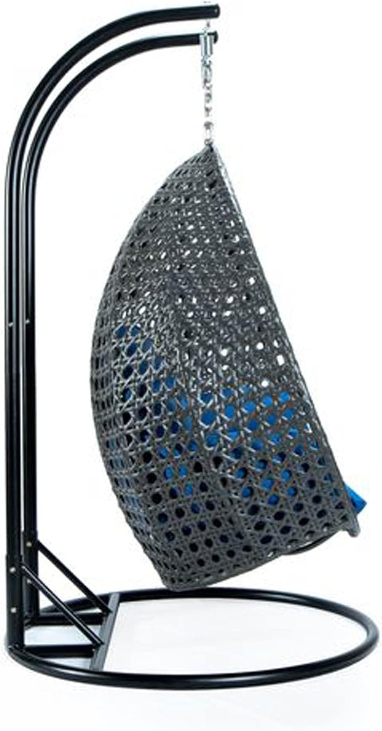 LeisureMod 2 Person Wicker Hanging Egg Chair with Stand & UV-Resistant Cushions for Indoor/Outdoor, Patio, Lounge, Hammock Seat, Blue