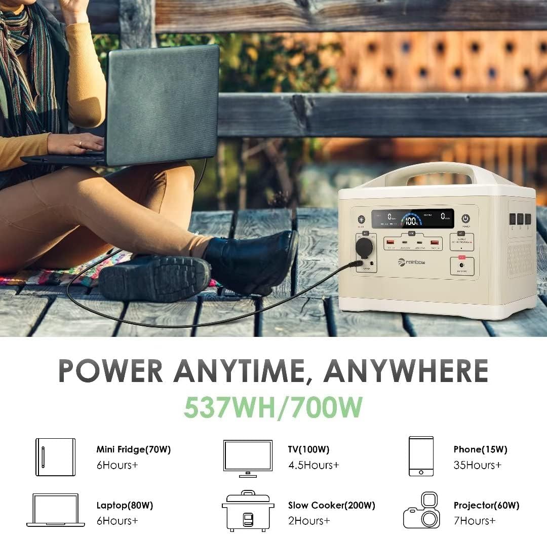 RAINBOW Portable Power Station 700W, 537Wh Backup LiFePO4 Battery, Solar Generator for Outdoor Camping, 3 x 110V/700W(Peak 1400W) AC Outlets, Quick Charge for Home, Hiking
