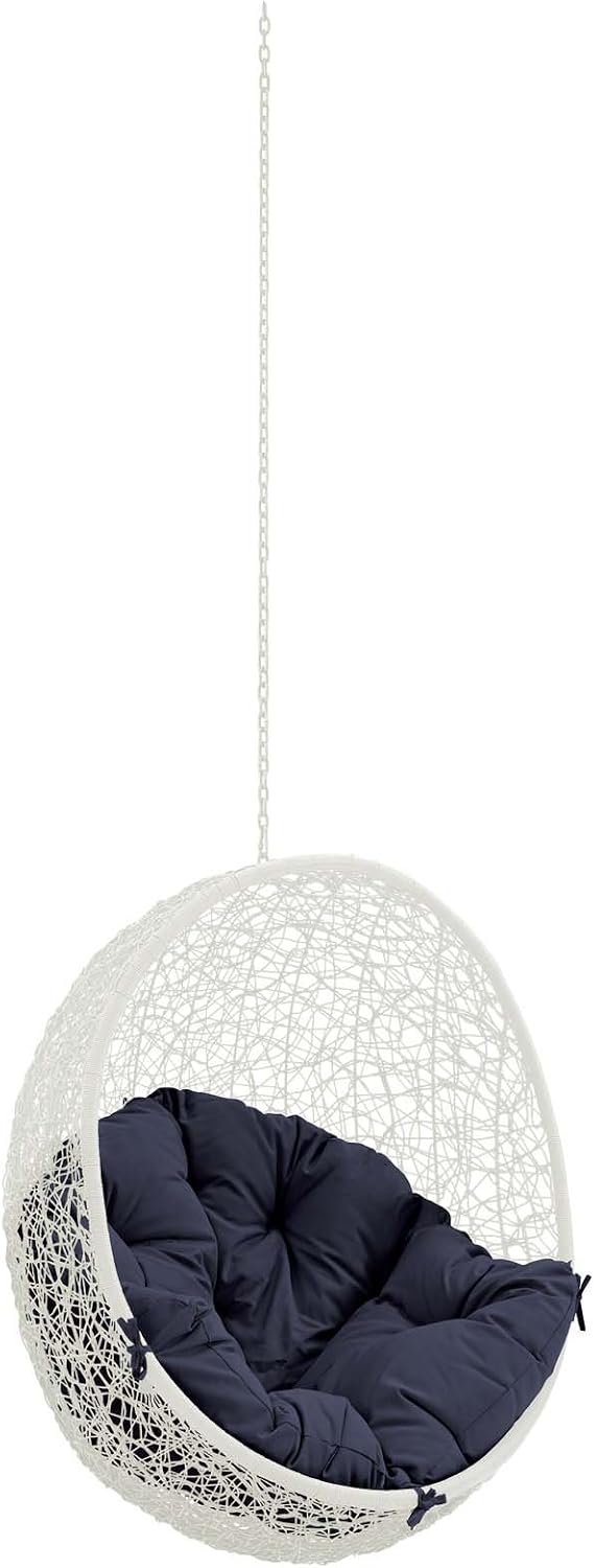 Modway Hide Wicker Rattan Outdoor Patio Swing Chair with Hanging Steel Chain in White Navy