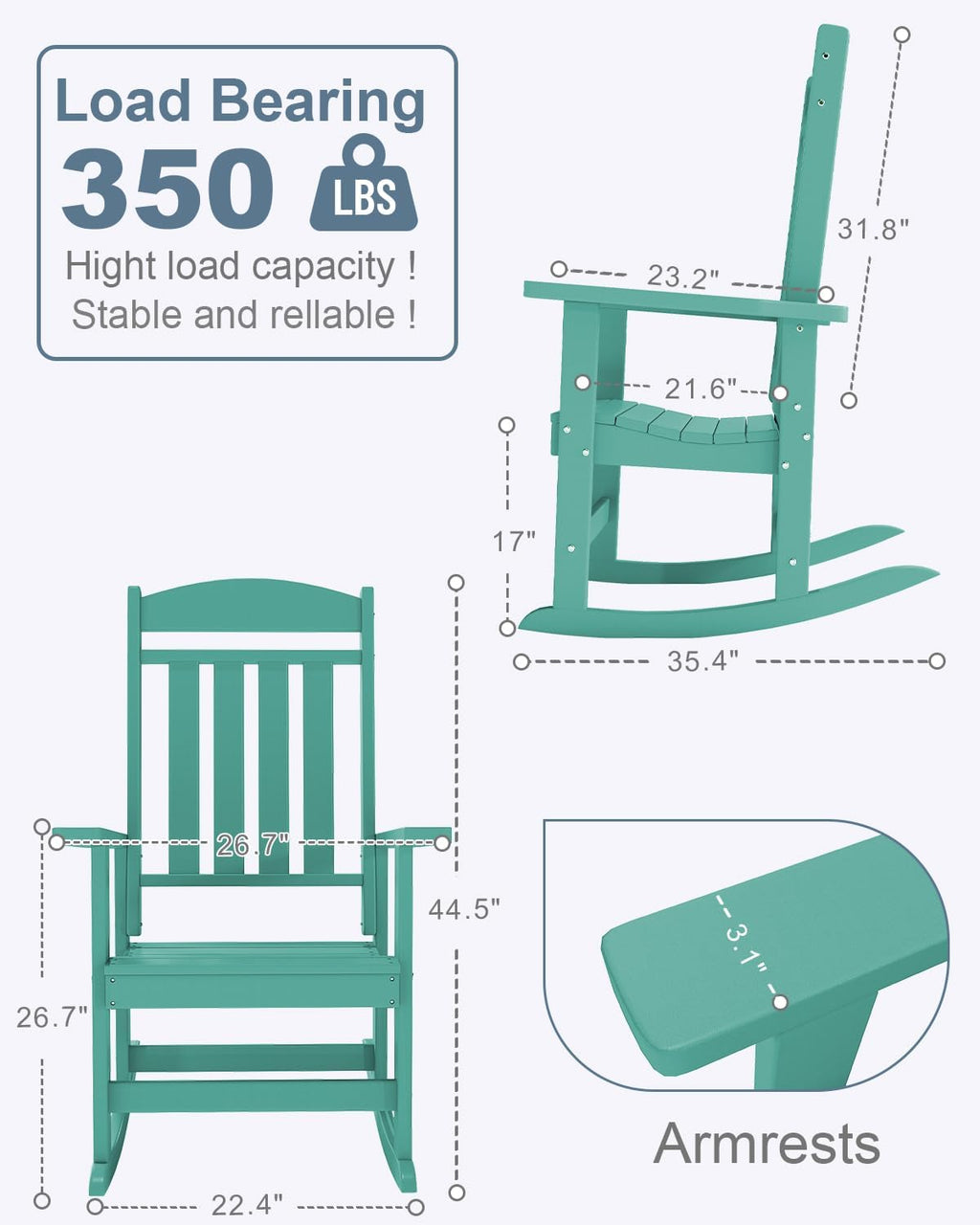 NAVINE Outdoor Rocking Chairs Set of 2, Oversized High Back Patio Rocking Chairs, All Weather Porch Rocking Chairs for Outside. Lake Blue