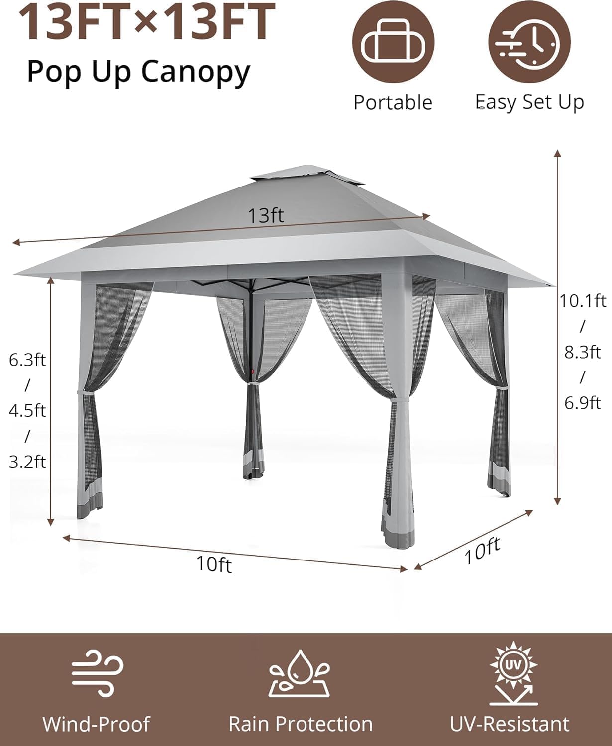 13x13 Pop Up Gazebo, Outdoor Canopy Tent with Mosquito Net, Height Adjustable Canopy Gazebo, Large Shade Tent for Camping, Lawn, Backyard, Garden, Patio