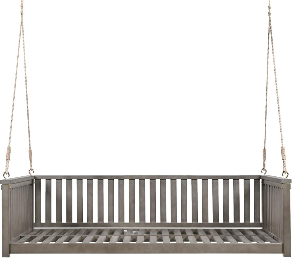 Minimalist 2-Person Acacia Wood Swing Bed, Patio Porch Swing with Ropes for Backyard Garden, Safe Sloped Design,Mattress, Cushions and Pillows not Included(Gray/Acacia)