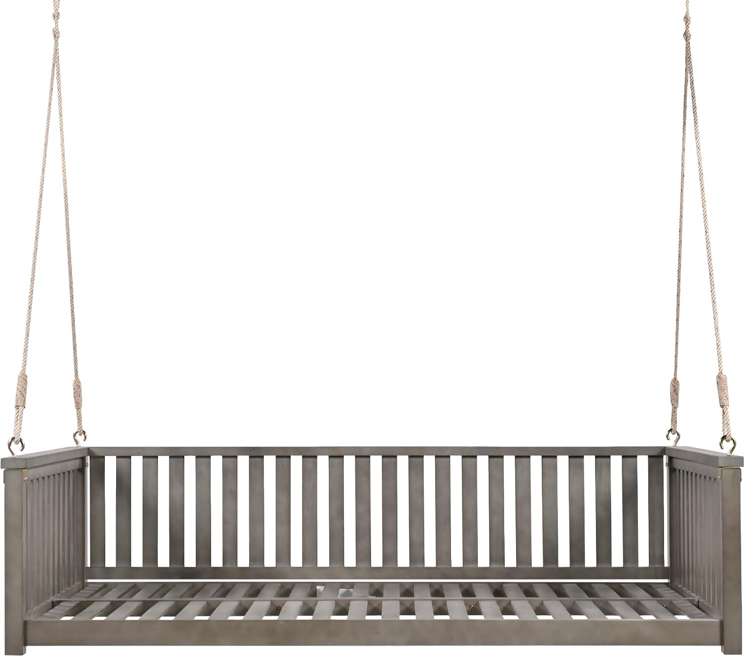 Minimalist 2-Person Acacia Wood Swing Bed, Patio Porch Swing with Ropes for Backyard Garden, Safe Sloped Design,Mattress, Cushions and Pillows not Included(Gray/Acacia)