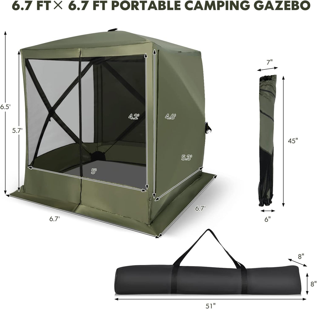 KOTEK 4 Sided Pop Up Gazebo, Outdoor Canopy Shelter with Mesh Walls, Portable Carry Bag, 2 Wind Cloth, 4 Person Screen Tent for Camping Traveling Hiking Patios Lawn Backyard, 6.7x6.7 ft (Green)