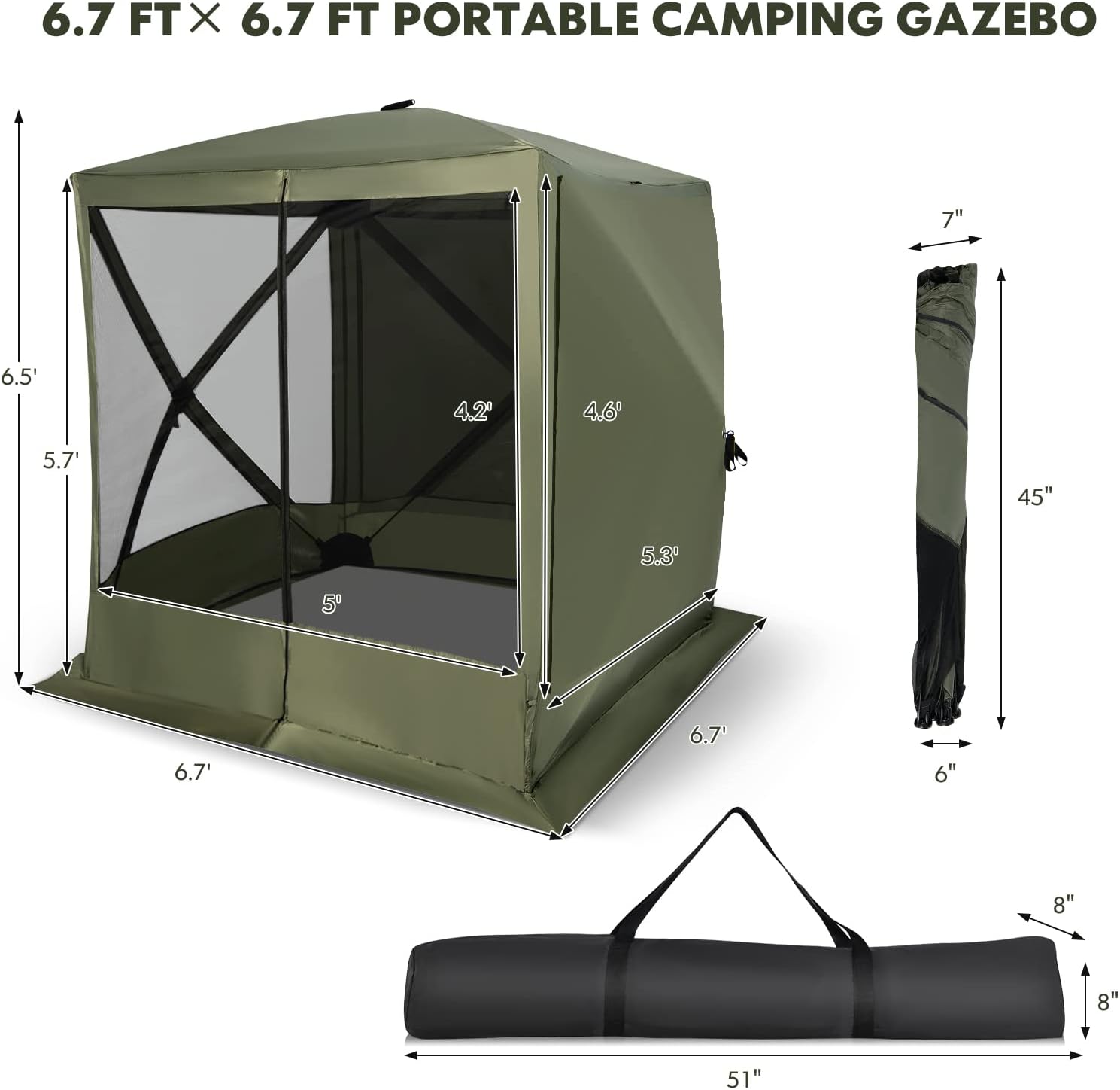 KOTEK 4 Sided Pop Up Gazebo, Outdoor Canopy Shelter with Mesh Walls, Portable Carry Bag, 2 Wind Cloth, 4 Person Screen Tent for Camping Traveling Hiking Patios Lawn Backyard, 6.7x6.7 ft (Green)