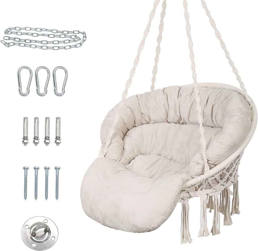 Hammock Chair with Cushion, Handmade Macrame Swing Chair with Hanging Hardware Kits, Bohemian Style Cotton Rope Hanging Chair for Bedroom Indoor Outdoor, Beige
