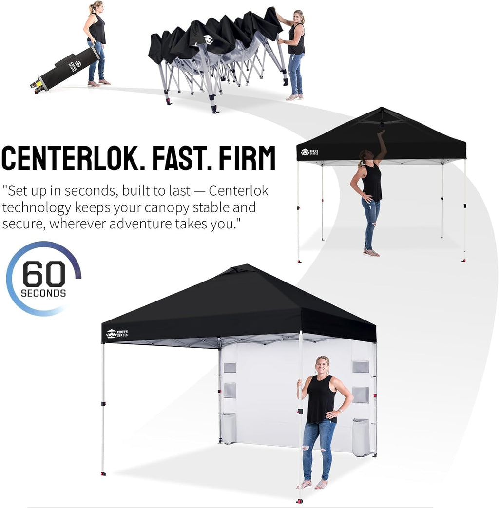 CROWN SHADES Canopy Tent, 10 x 10 Foot Portable Pop Up Outdoor Shelter with Pocket Sidewall, Push Center Lock, UV Protection, and Carry Bag, Black
