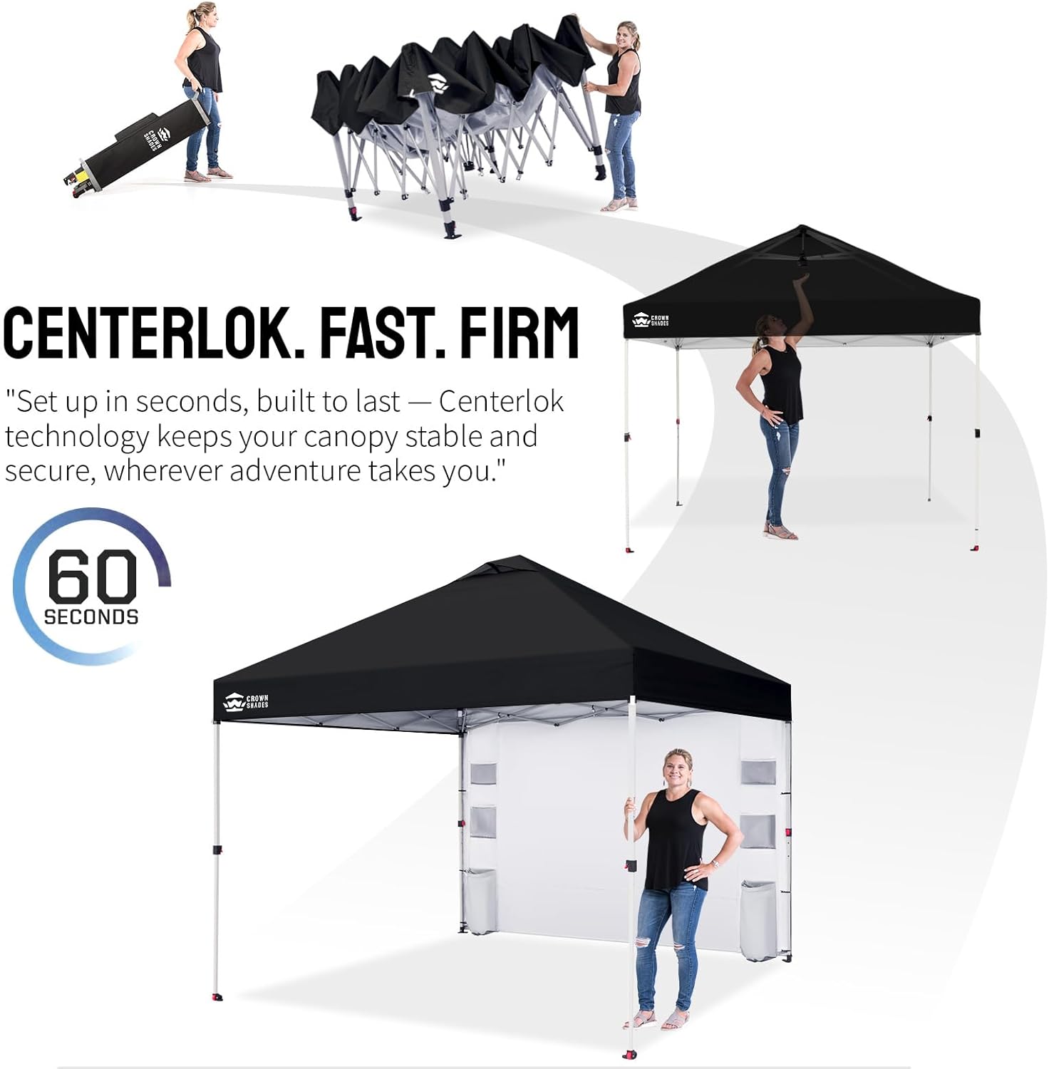 CROWN SHADES Canopy Tent, 10 x 10 Foot Portable Pop Up Outdoor Shelter with Pocket Sidewall, Push Center Lock, UV Protection, and Carry Bag, Black