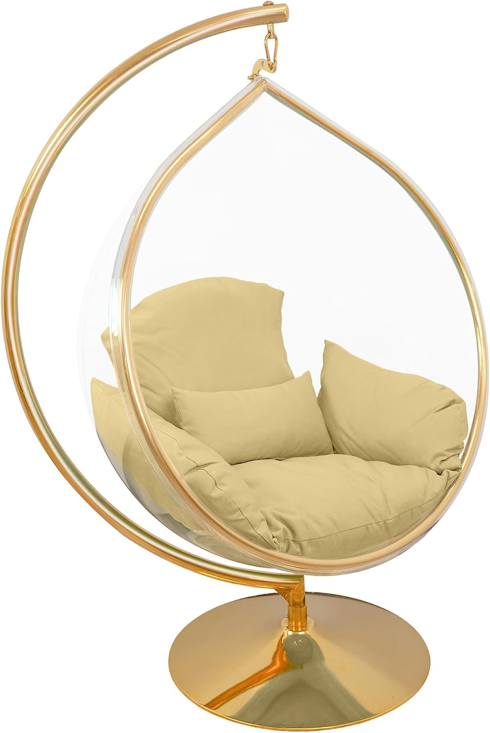 Hanging Chair - Transparent Acrylic Bubble, Waterdrop Shape, Indoor Swing Chair with Gold/Chrome Stand, Durable Fabric Cushion - Luxury Accent for Living Room, Bedroom (Gold/Beige)