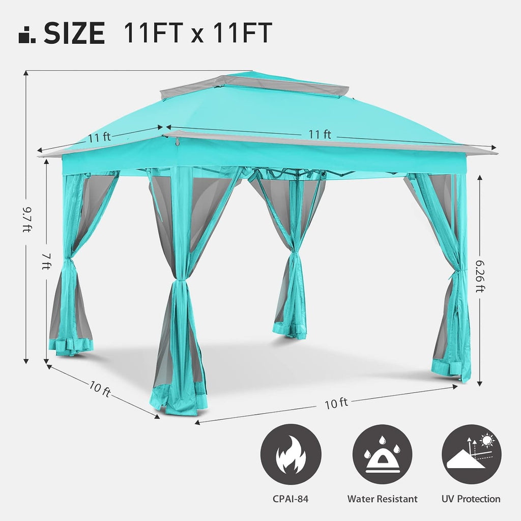 11'x11' Pop Up Gazebo for Patios Canopy Tent with Sidewalls Outdoor Gazebo with Mosquito Netting Pop Up Canopy Shelter Wedding Tent, Aqua Blue