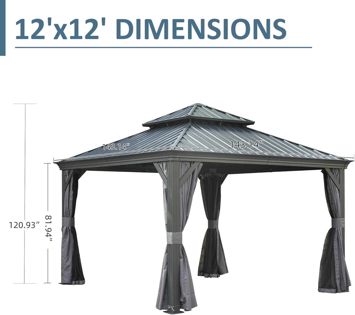 Domi 12x12FT Outdoor Gazebo, Hardtop Gazebo with Galvanized Steel Double Roof, Metal Gazebos with Drainage System for Patio Deck Backyard,Curtain and Netting,Gray