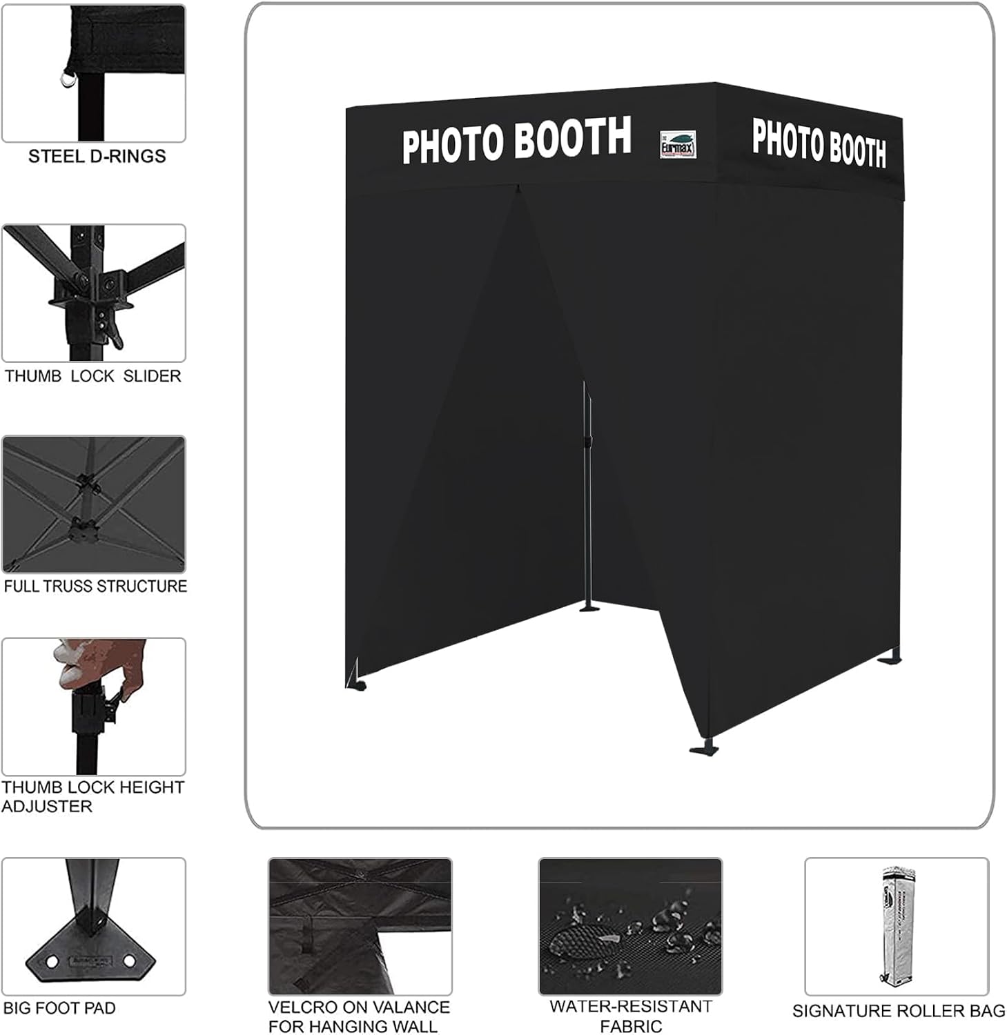 Eurmax USA 5x5 Pop Up Canopy Tent,Commercial Tent with Patented No-Tip Rolling Bag,4 Zippered Removable Walls,UV & Water Resistant Top,Heavy Duty Outdoor Gazebo,Instant Shelter(Flat Printed Black)