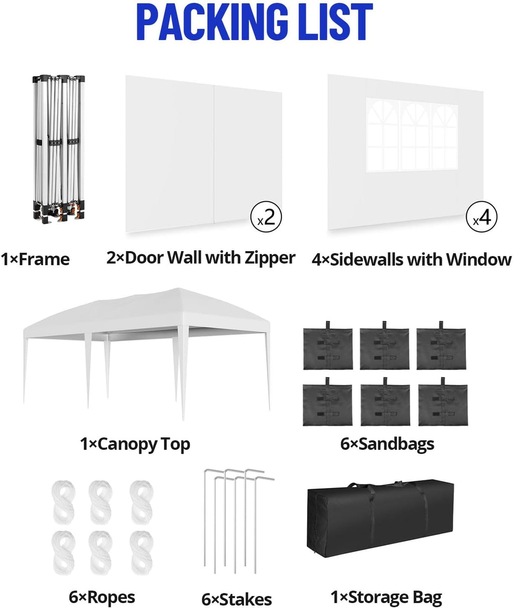 10x20 Pop Up Canopy Tent with 6 Sidewalls Waterproof Outdoor Party Tent Canopy Tents with Adjustable Height Commercial Event Gazebo for Backyard Wedding, Parties