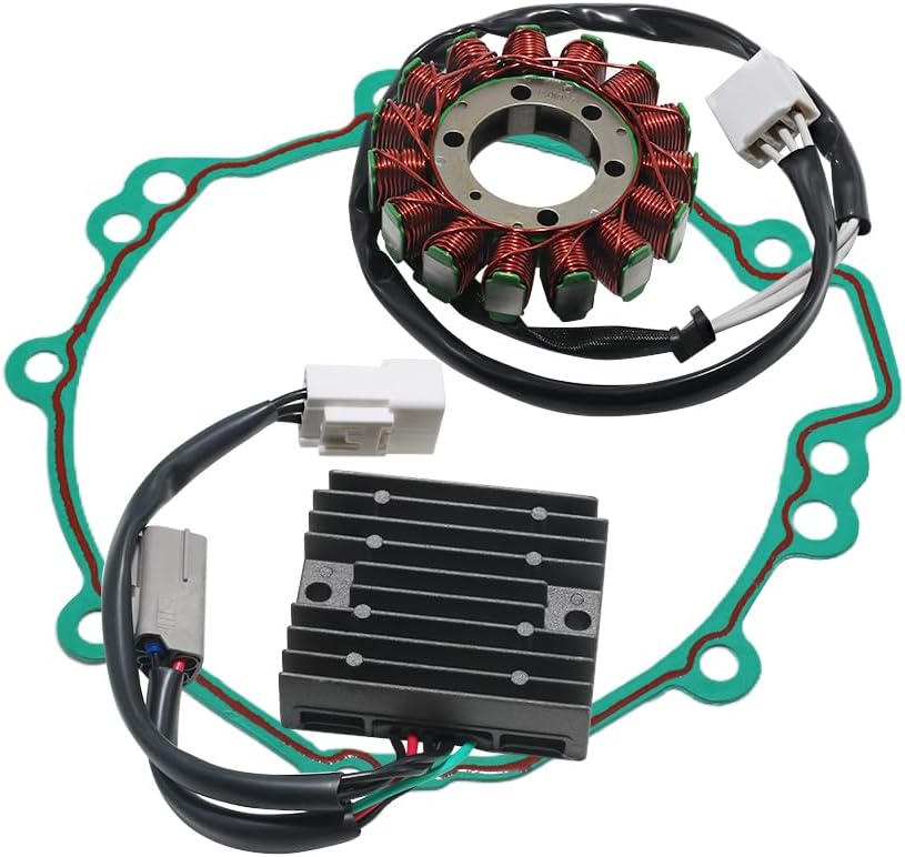 Stator Coil, Regulator Rectifier, Gasket Set Compatible with for Kawasaki ZX600 Ninja 600 ZX6R ZX-6R 2007-2008, Stator OEM: 21003-0049 Rectifier OEM: 21066-0025 Gasket Generator Cover OEM: 11061-0249