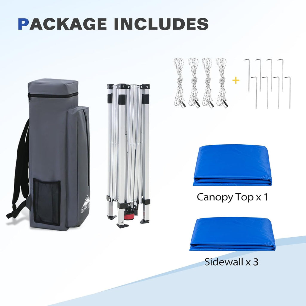EAGLE PEAK Day Tripper 8x8 Aluminum Super-Lightweight Slant Leg Pop Up Canopy with 3 Removable Walls, Instant Outdoor Backpack Canopy Tent, Outside Beach Folding Sun Shelter, 8x8 Base 6x6 Top, Blue