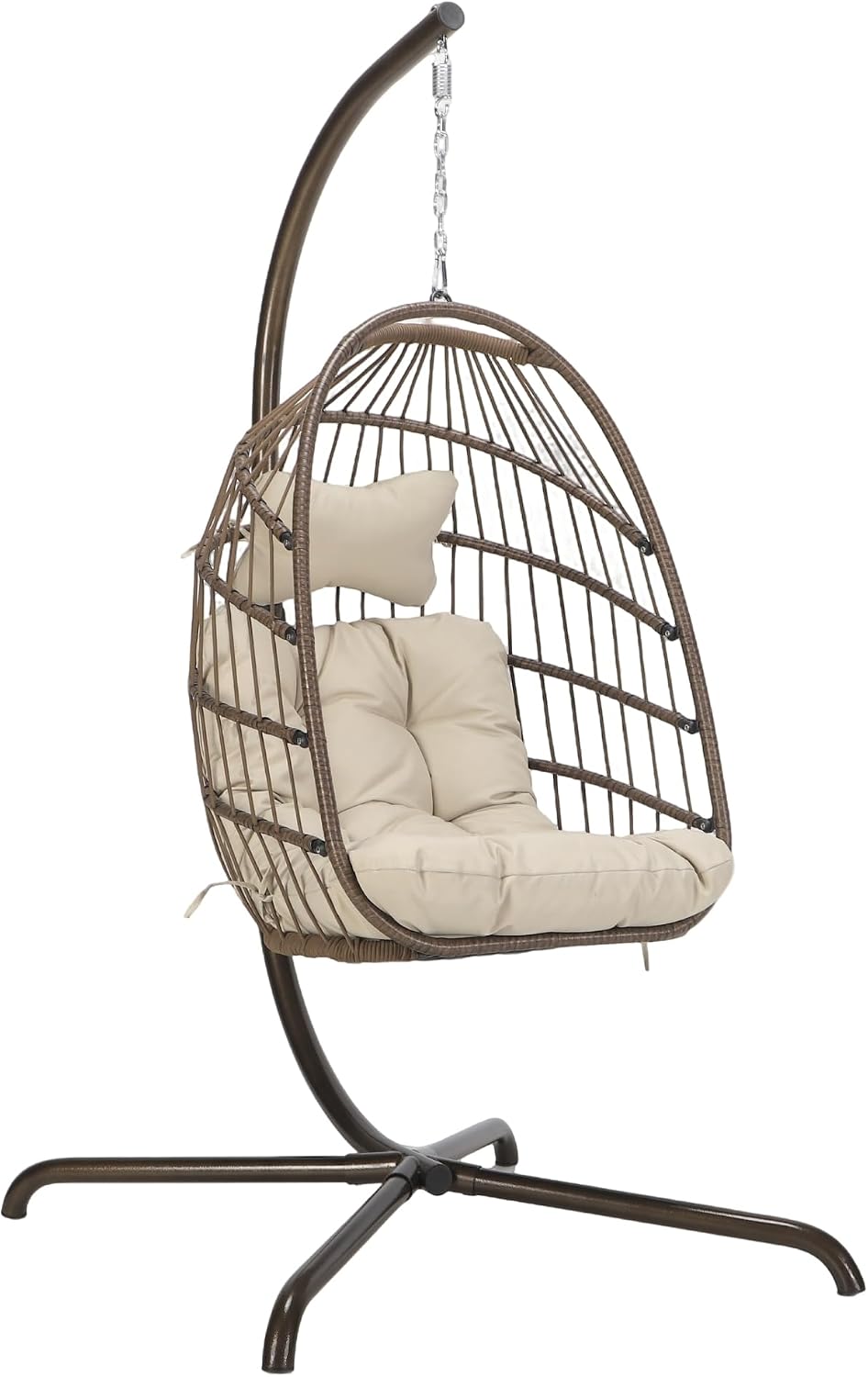 RADIATA Wicker Egg Swing Chair with Stand for Outside, Outdoor Comfy Hanging Egg Patio Chairs with Thick Cushion, 350Lbs Durable Swinging Rattan Chair for Bedroom Porch Backyard Balcony, Brown, Tan