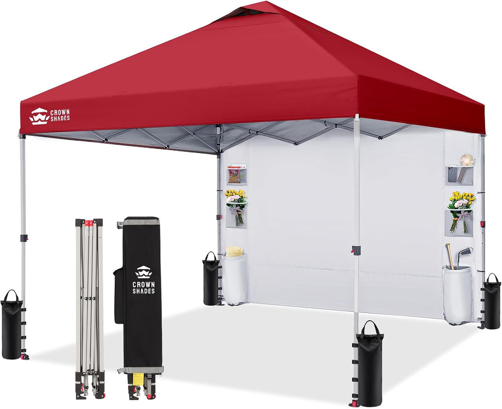 CROWN SHADES Canopy Tent 10x10 Pop Up Canopy Outdoor Shade with Pockets Sidewall, Easy Up Sun Shelter with One Person Set Up Center Lock, Portable Instant Camping Beach Canopy Tents, Red