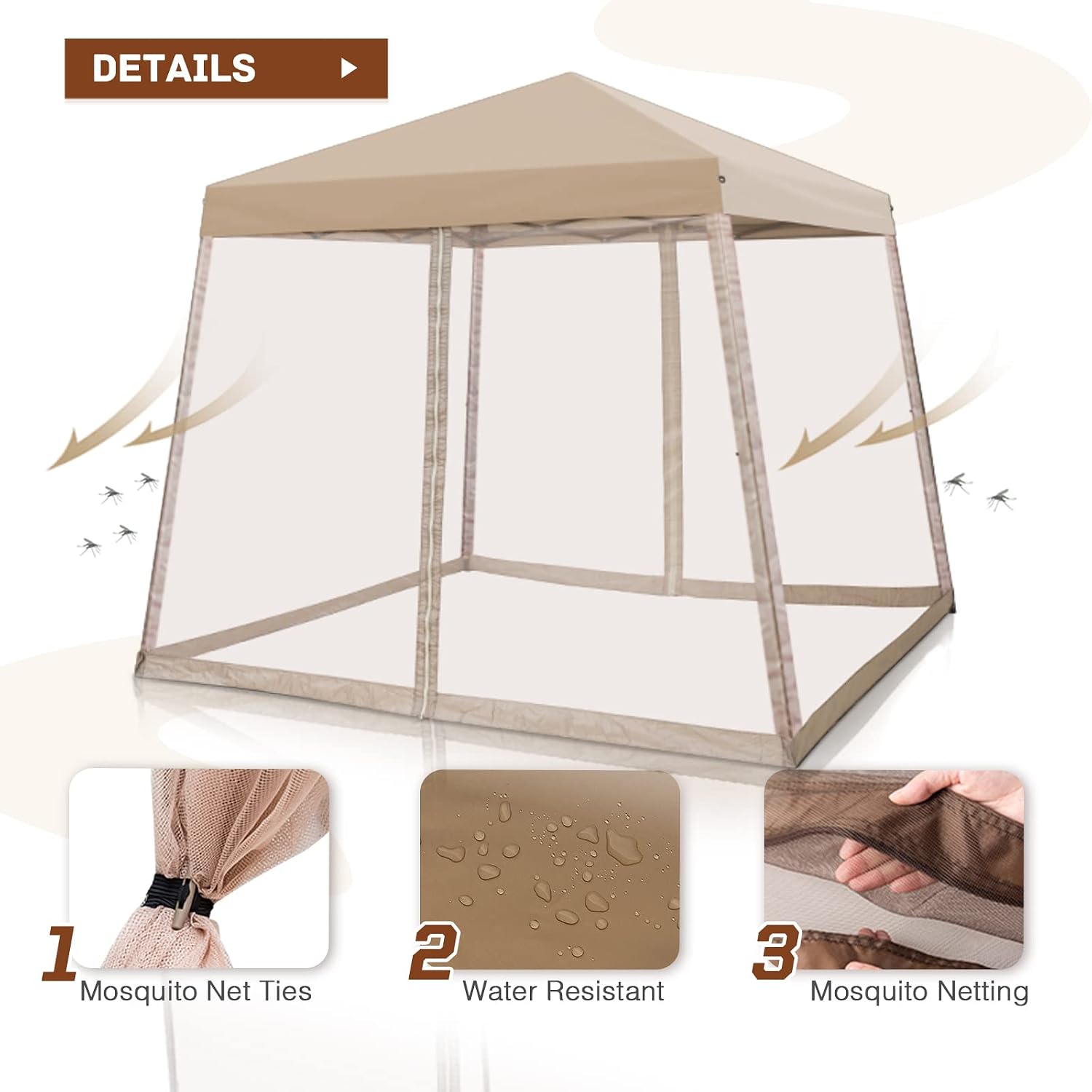 10x10 Pop Up Canopy Tent, Slant Leg Instant Screened Gazebo with Mesh Walls, UV Protection, Water Resistant, Beige