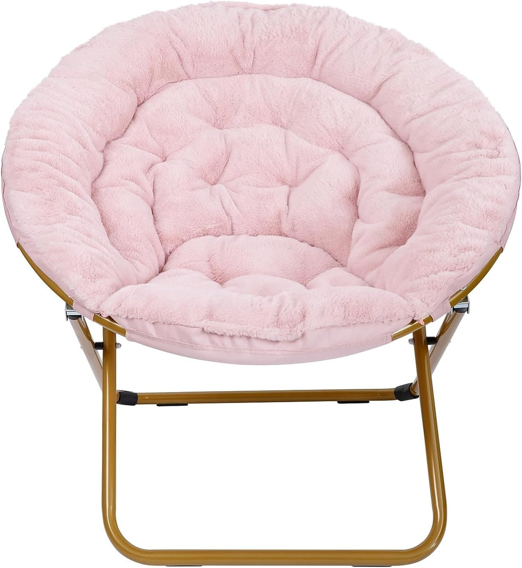 Flash Furniture Gwen Oversize Folding Saucer Chair - Blush Faux Fur Moon Chair - Soft Gold Metal Frame - 38' Portable Folding Chair - for Dorm and Bedroom