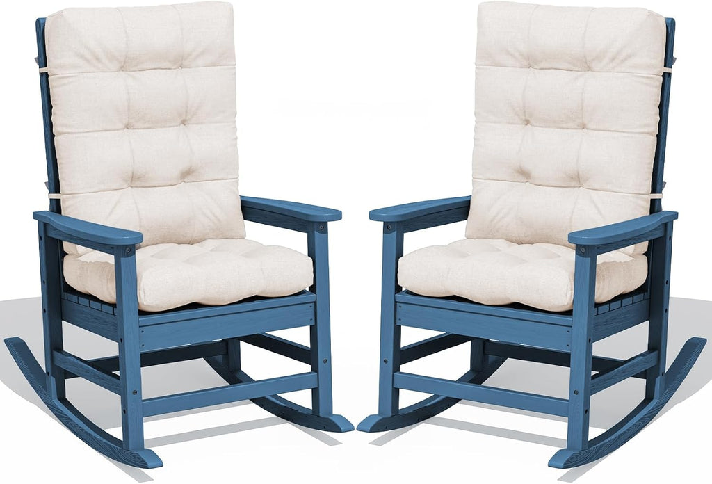 KINGYES Oversized Outdoor Rocking Chair with Cushion Set of 2, All-Weather Patio Rocking Chairs, HDPE Porch Rocker for Adults, 350 lbs Capacity, Blue Chair with Beige Cushion