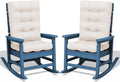 KINGYES Oversized Outdoor Rocking Chair with Cushion Set of 2, All-Weather Patio Rocking Chairs, HDPE Porch Rocker for Adults, 350 lbs Capacity, Blue Chair with Beige Cushion