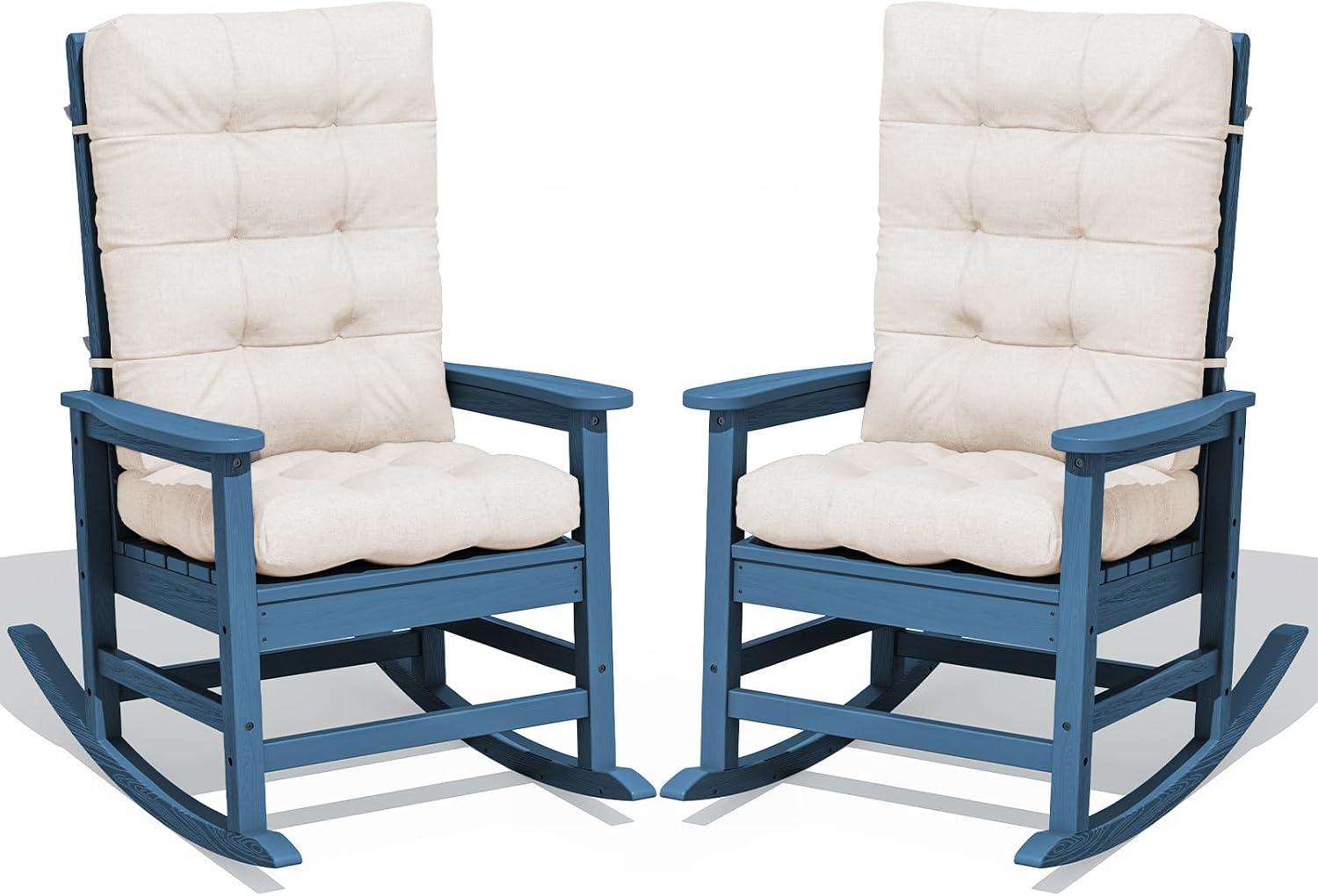 KINGYES Oversized Outdoor Rocking Chair with Cushion Set of 2, All-Weather Patio Rocking Chairs, HDPE Porch Rocker for Adults, 350 lbs Capacity, Blue Chair with Beige Cushion